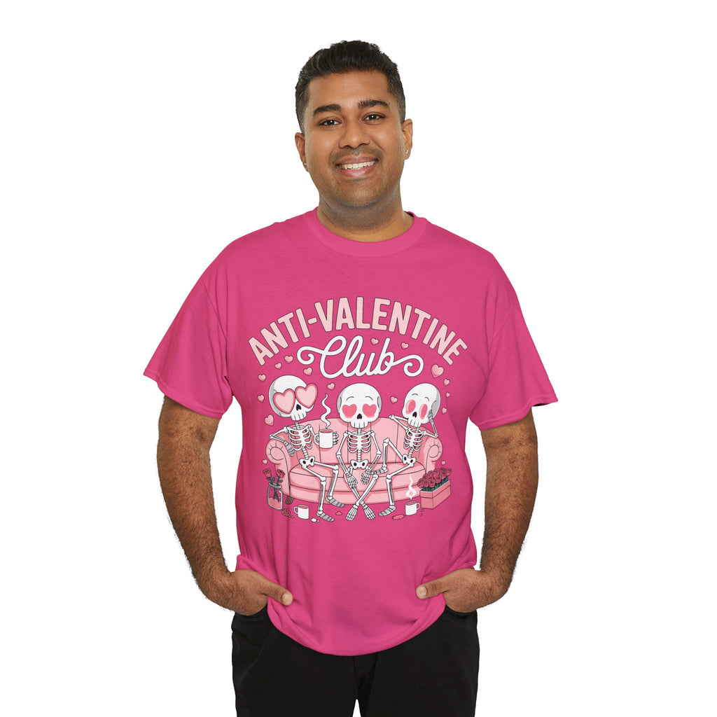 Anti-Valentine Club Skeleton Tee — Anti-Romance Pink Couch Graphic Unisex Cotton T-Shirt