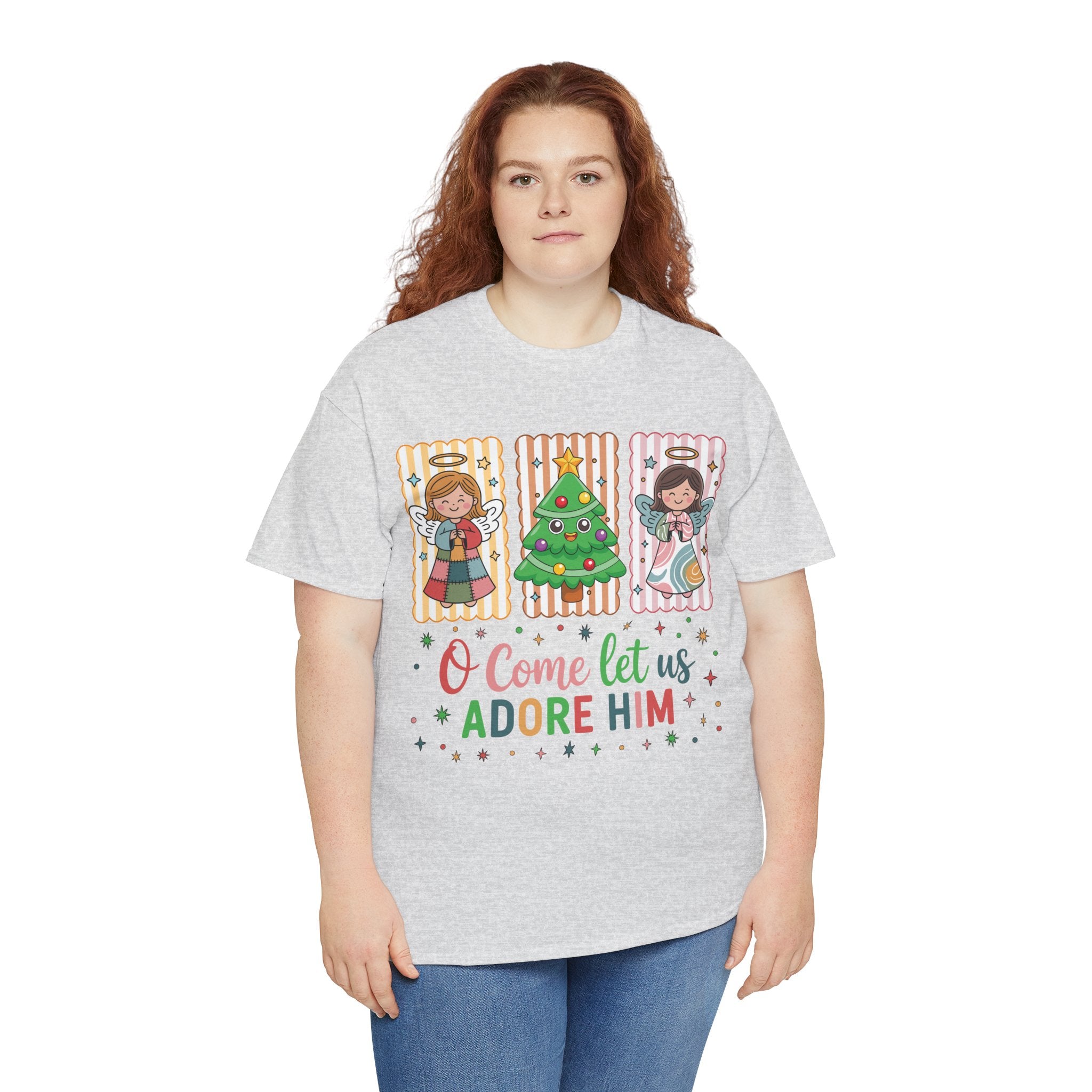 O Come Let Us Adore Him Christmas Tee — Smiling Angels & Happy Tree..Unisex Cotton Tee