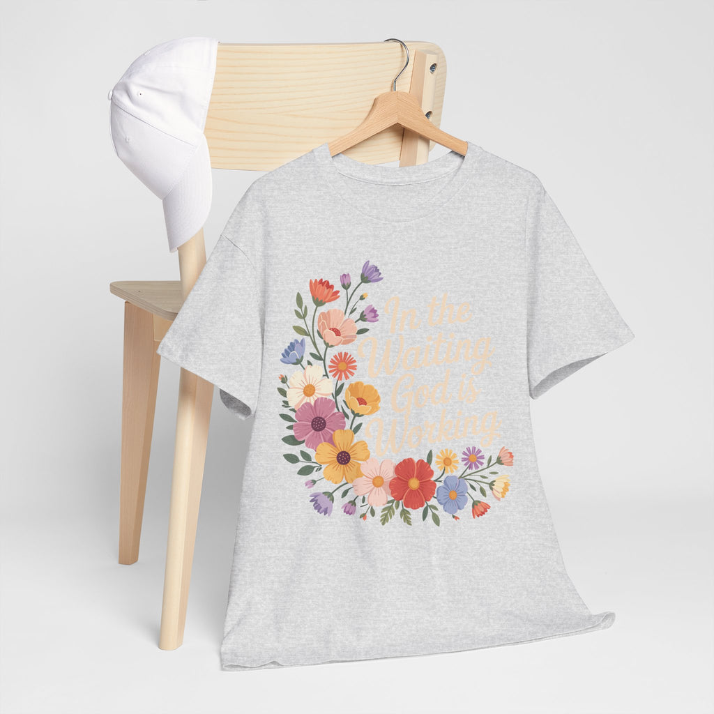 Pastel Floral “In the Waiting God Is Working” Unisex Cotton T-Shirt