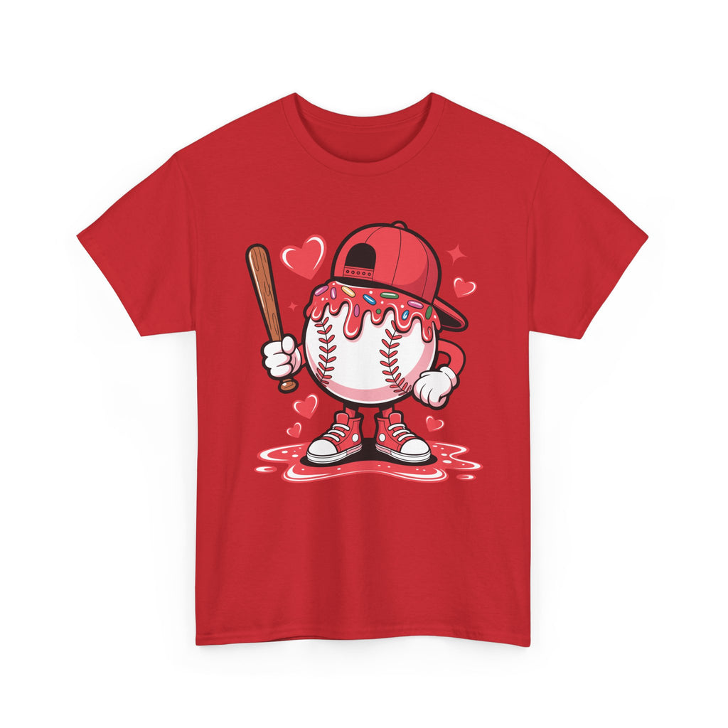 Cute Baseball Character T-Shirt — Red Cap & Icing Top Graphic with Hearts Unisex Cotton Tee