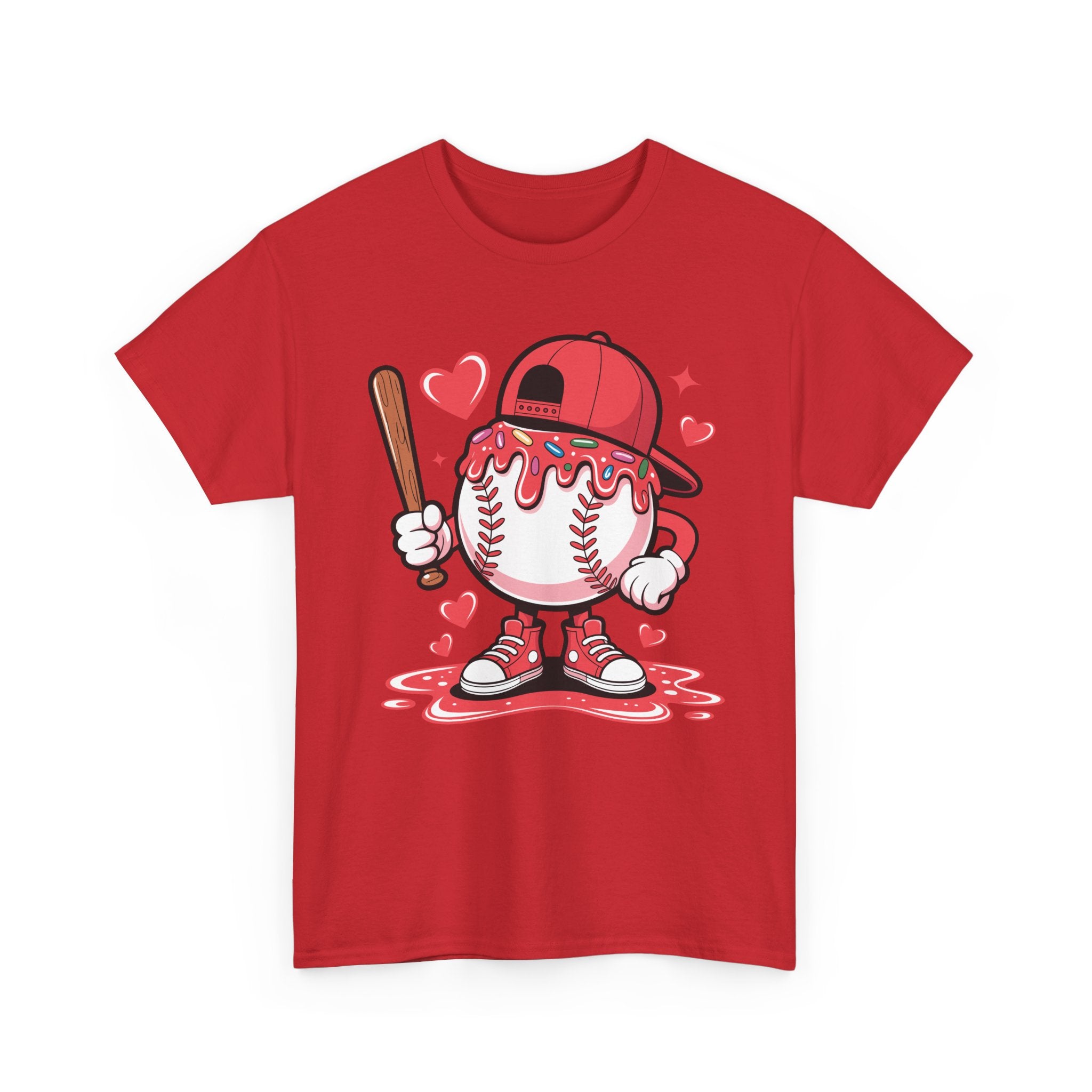 Cute Baseball Character T-Shirt — Red Cap & Icing Top Graphic with Hearts Unisex Cotton Tee