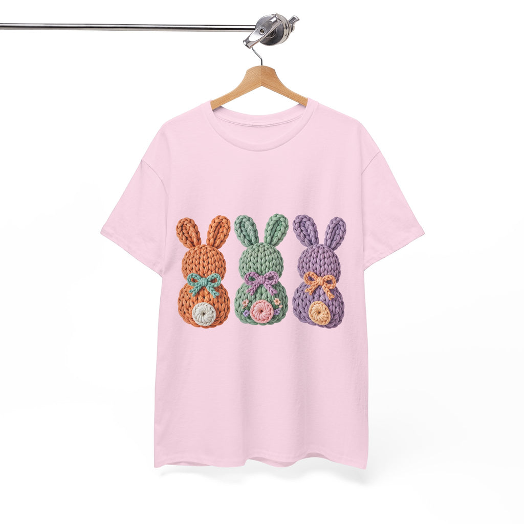Pastel Crochet Bunny Tee — Trio of Faux Knit Bunnies with Bows & Flowers Unisex Cotton Tee
