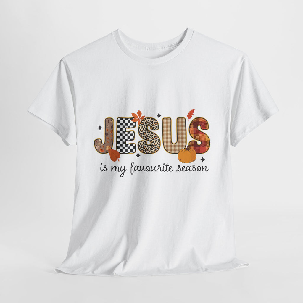 Jesus Is My Favorite Season Tee — Autumn Plaid & Leopard Lettering Unisex Cotton Tee