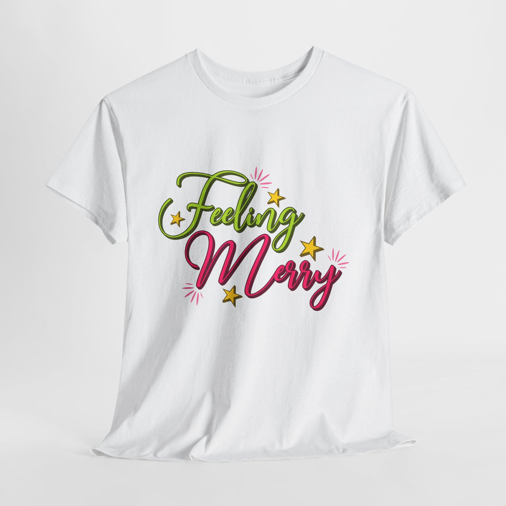 Feeling Merry T-Shirt — Bright Green & Pink Holiday Tee with Stars.Unisex Cotton Tee