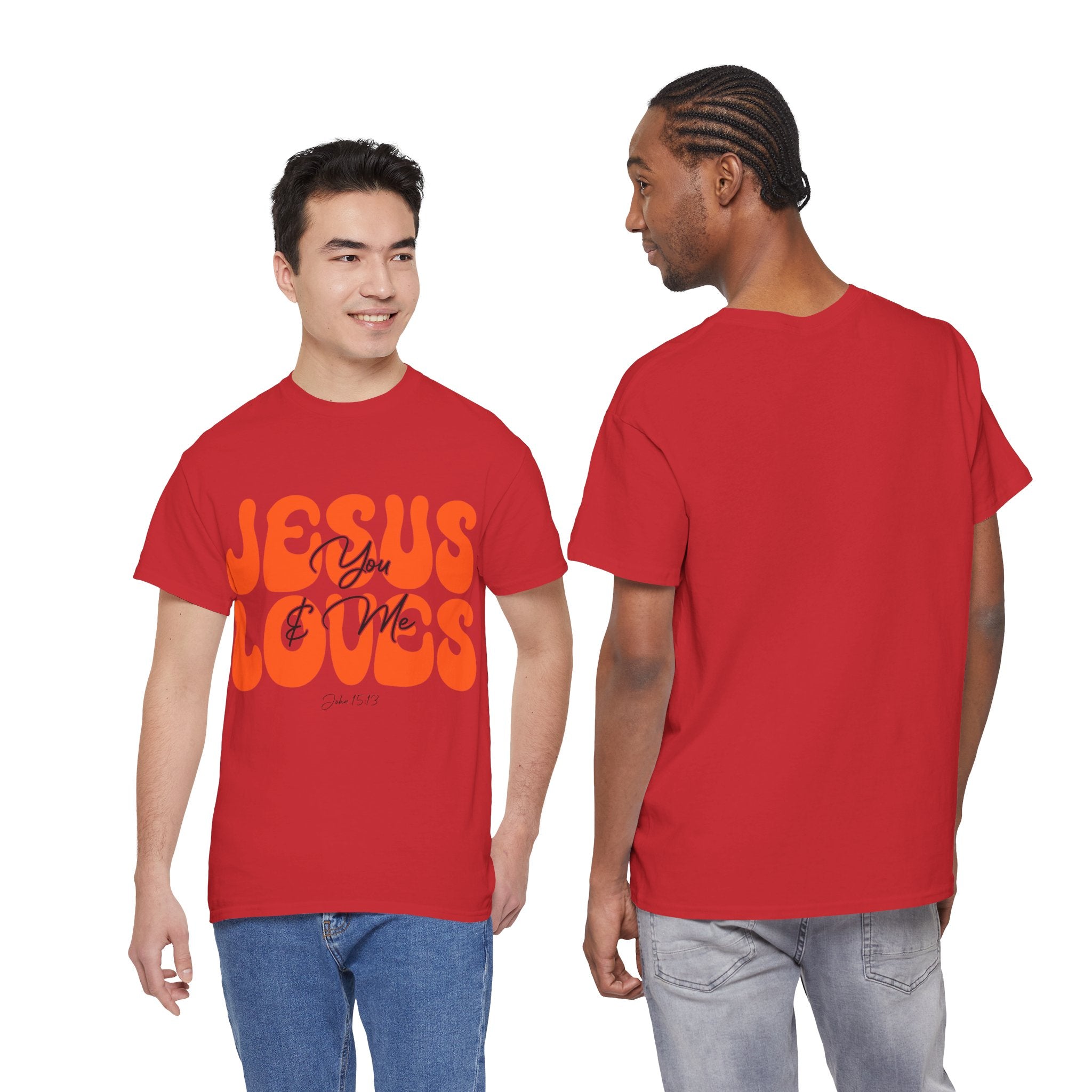 Jesus Loves You & Me Retro Tee — Playful Orange Bubbly Christian Unisex Cotton T-Shirt