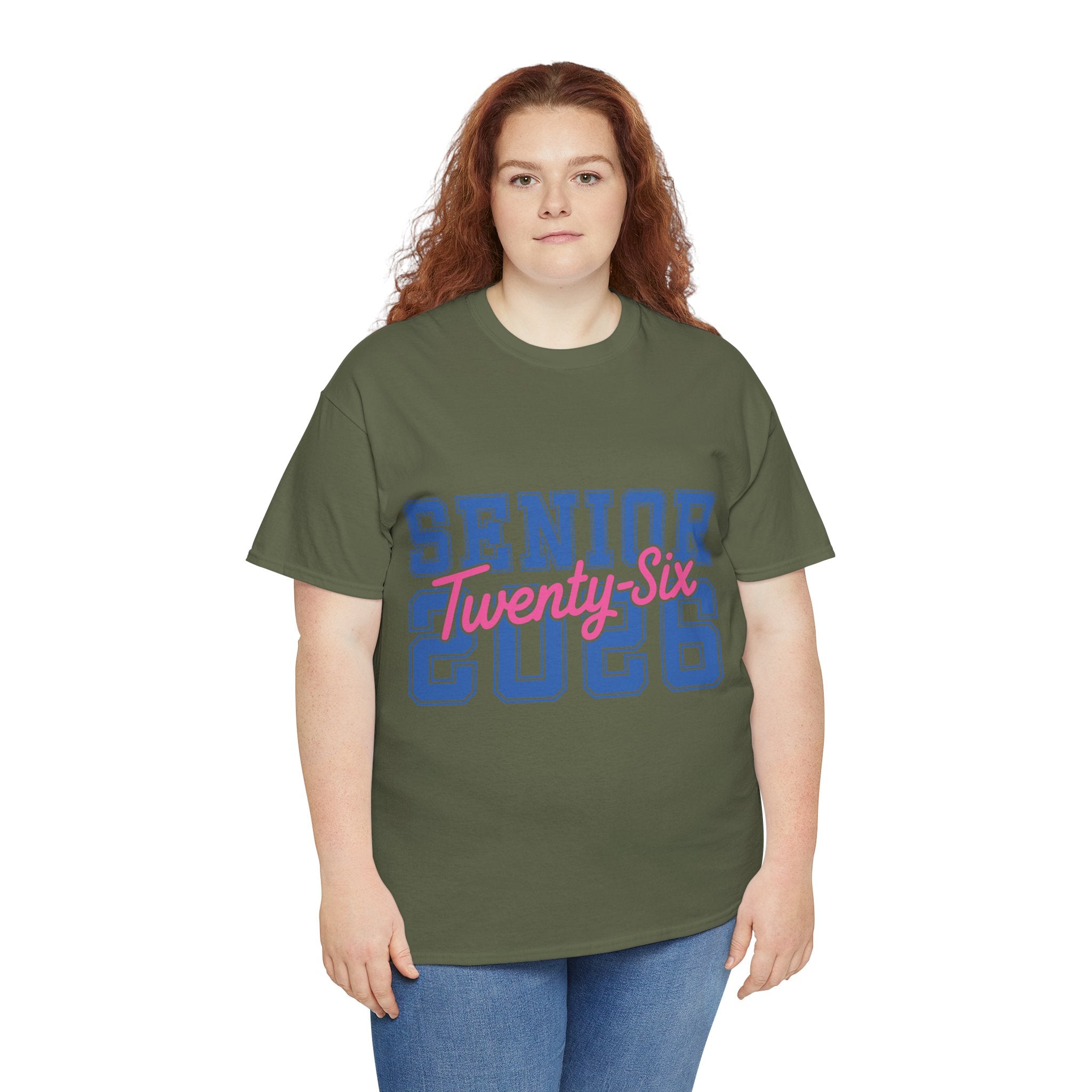 Senior 2026 Tee — Pink Varsity Block with Blue Script Overlay Unisex Cotton Tee