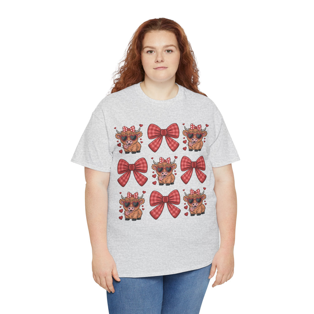 Valentine Cow Checkered Tee — Fluffy Cows with Heart Sunglasses & Red Bows..Unisex Cotton Tee