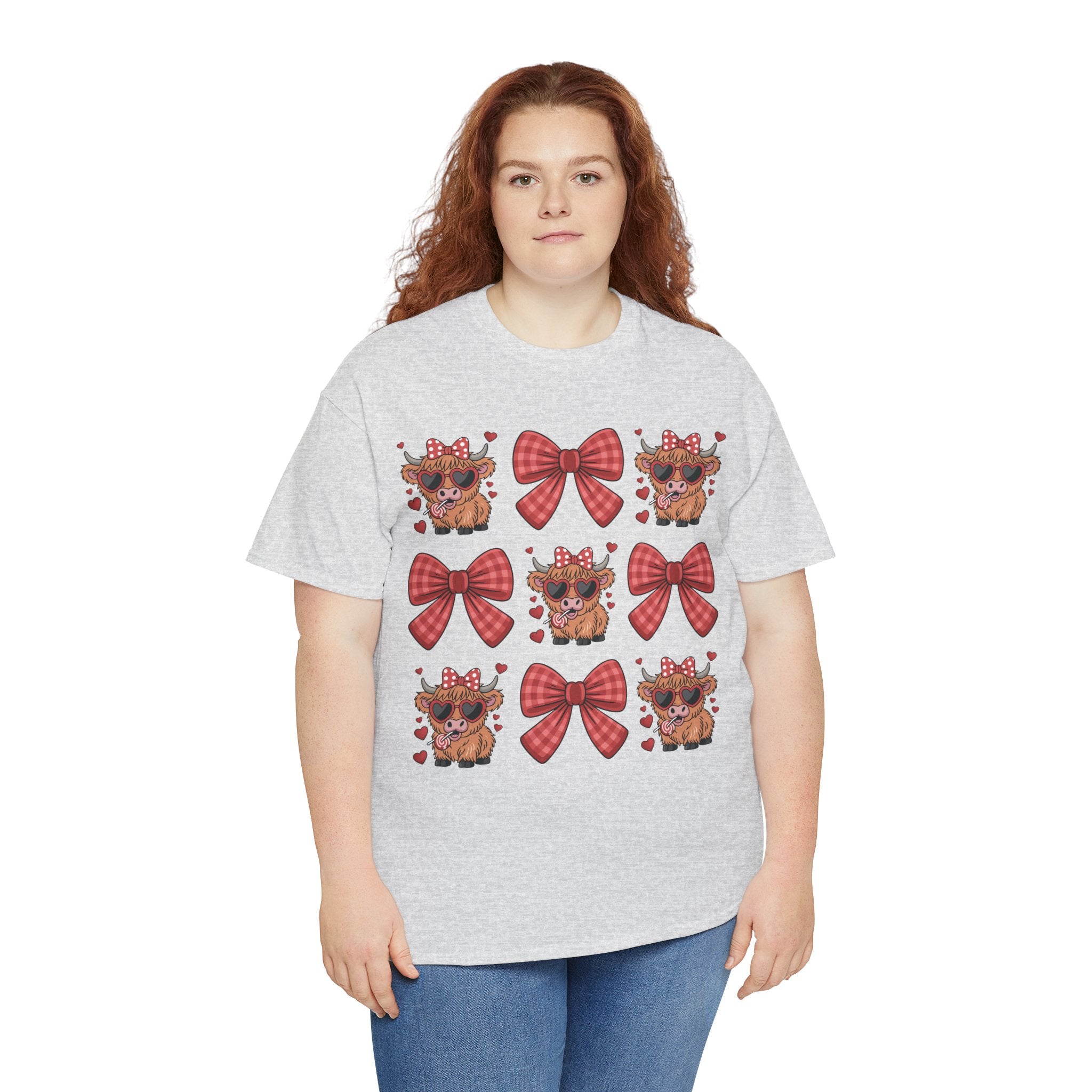 Valentine Cow Checkered Tee — Fluffy Cows with Heart Sunglasses & Red Bows..Unisex Cotton Tee