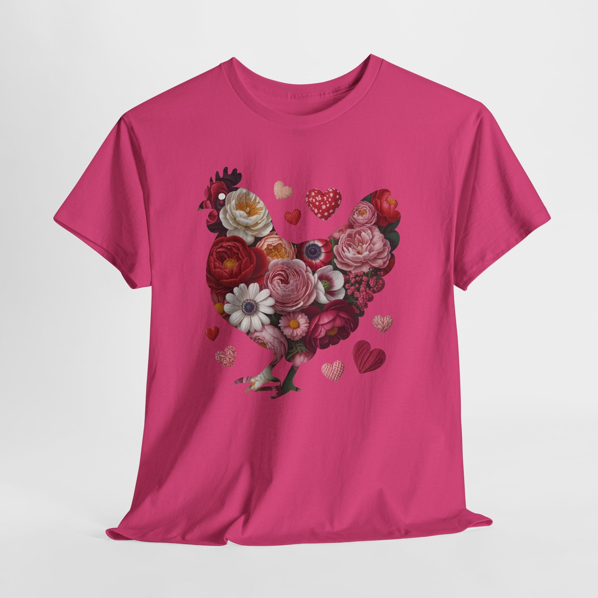 Floral Chicken Heart Tee — Red & Pink Flower Silhouette Unisex Cotton Tee