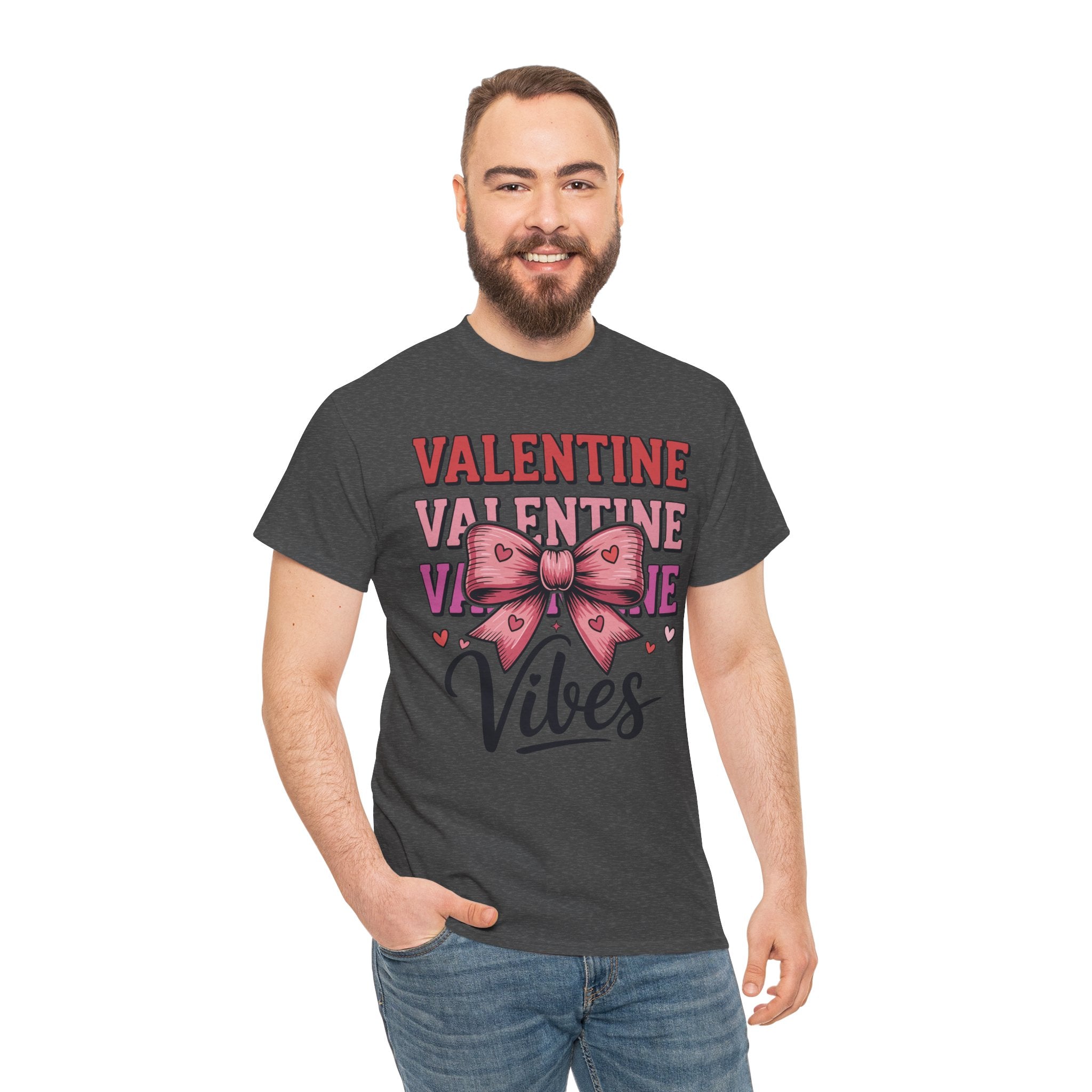 Valentine Vibes T-Shirt — Pink Bow Heart Graphic Unisex Cotton Tee