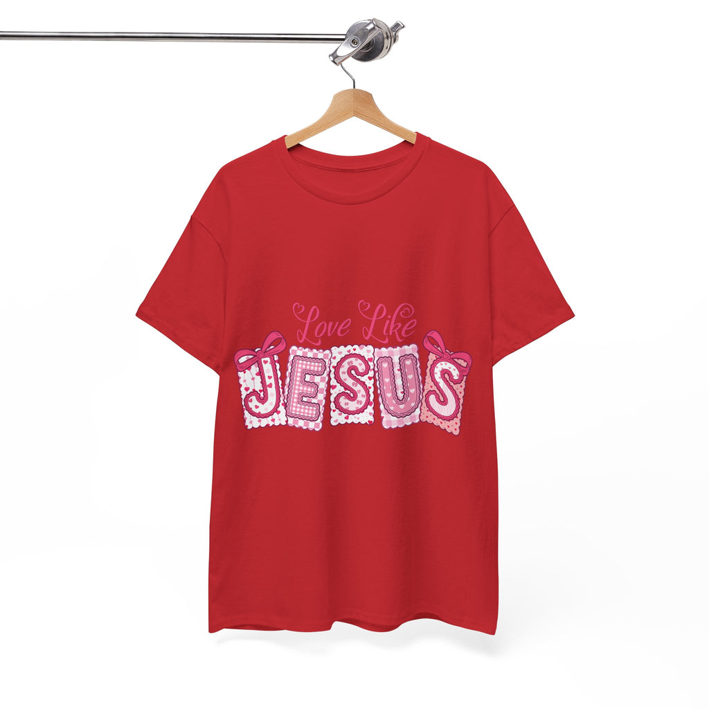 Love Like Jesus Patchwork Tee — Pink Stitched Heart Graphic.Unisex Cotton Tee