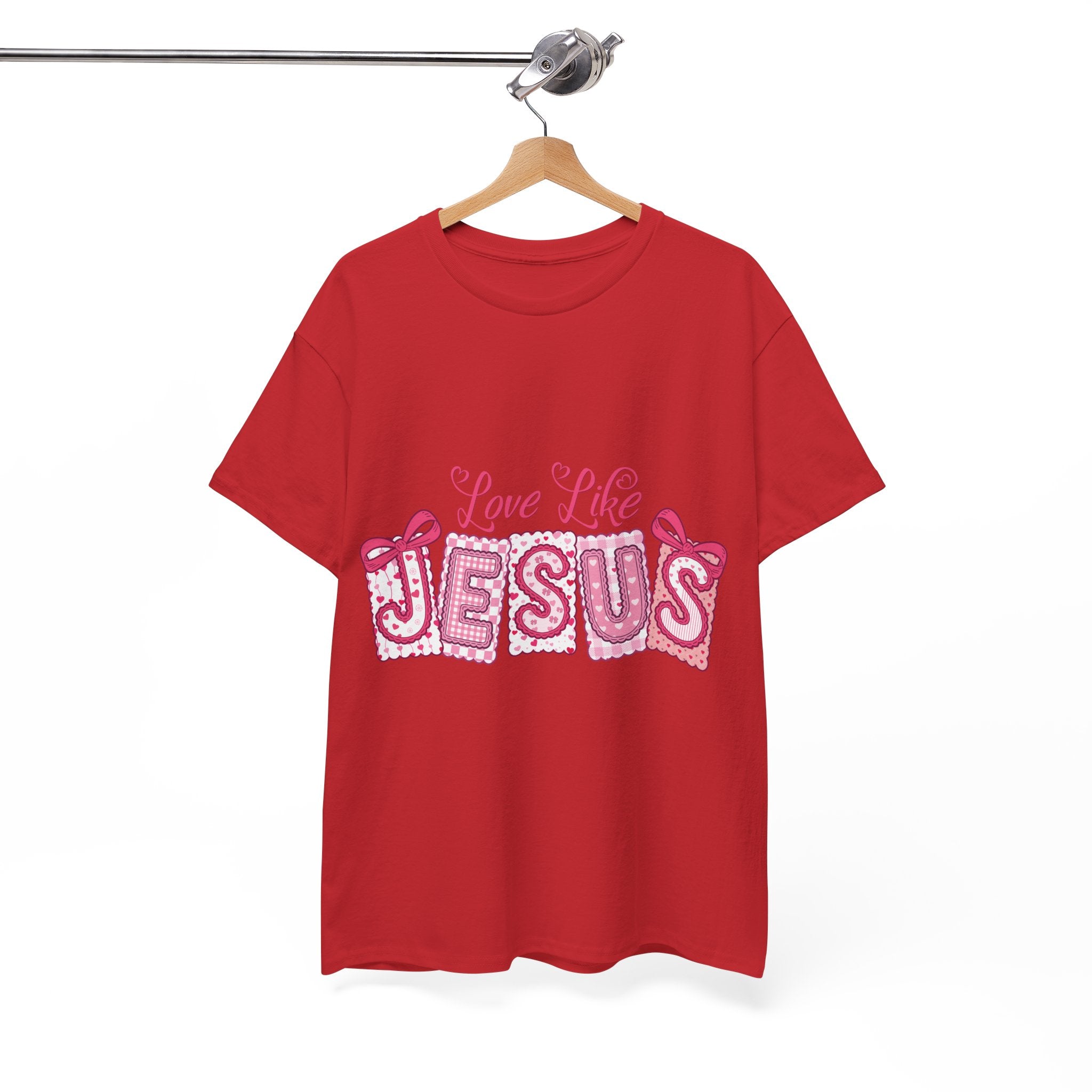 Love Like Jesus Patchwork Tee — Pink Stitched Heart Graphic.Unisex Cotton Tee