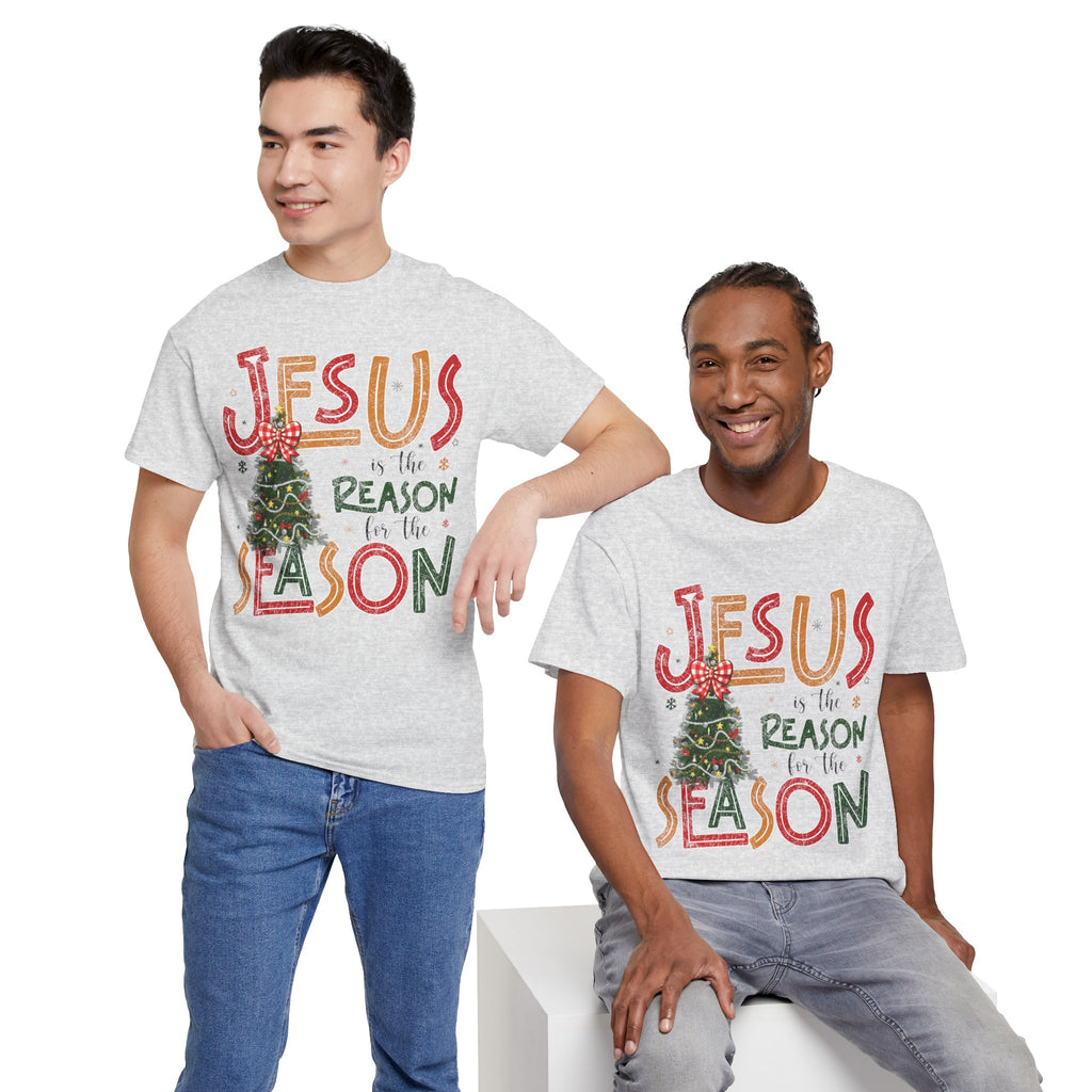 Jesus Is the Reason for the Season Christmas T-Shirt — Plaid Bow Tree..Unisex Cotton Tee