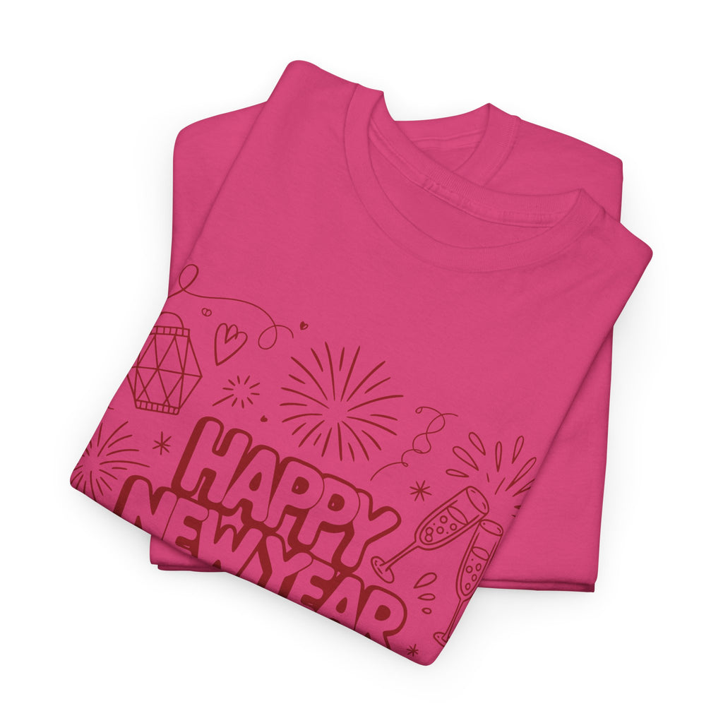 Happy New Year 2026 Doodle T-Shirt — Pink Party Icons & Champagne Unisex Cotton Tee