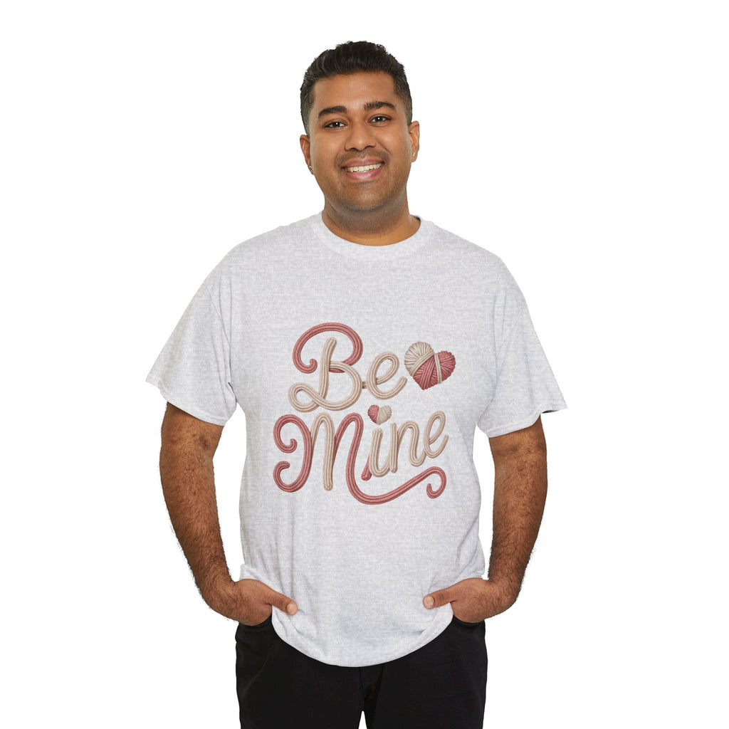 Be Mine Yarn Heart T-Shirt — Valentine’s Faux-Yarn Pink & Cream Unisex Cotton Tee