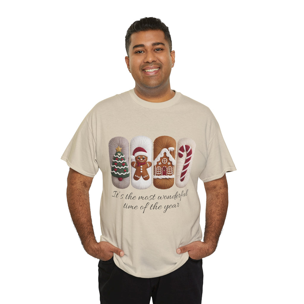 Christmas Faux-Yarn Tree Tee — Gingerbread House & Candy Cane Holiday Unisex Cotton T-Shirt