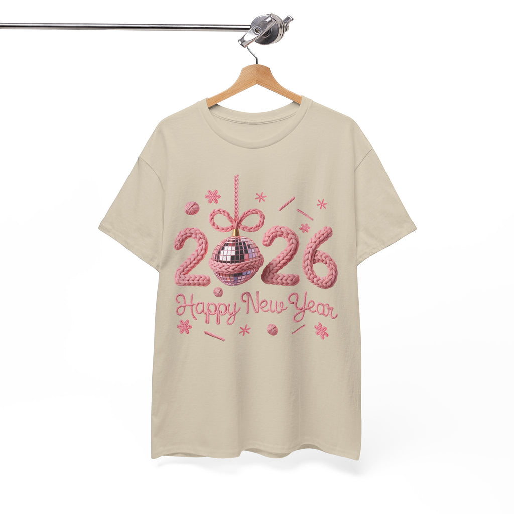 2026 Happy New Year Pink Knitted Disco Ball Unisex Cotton Tee