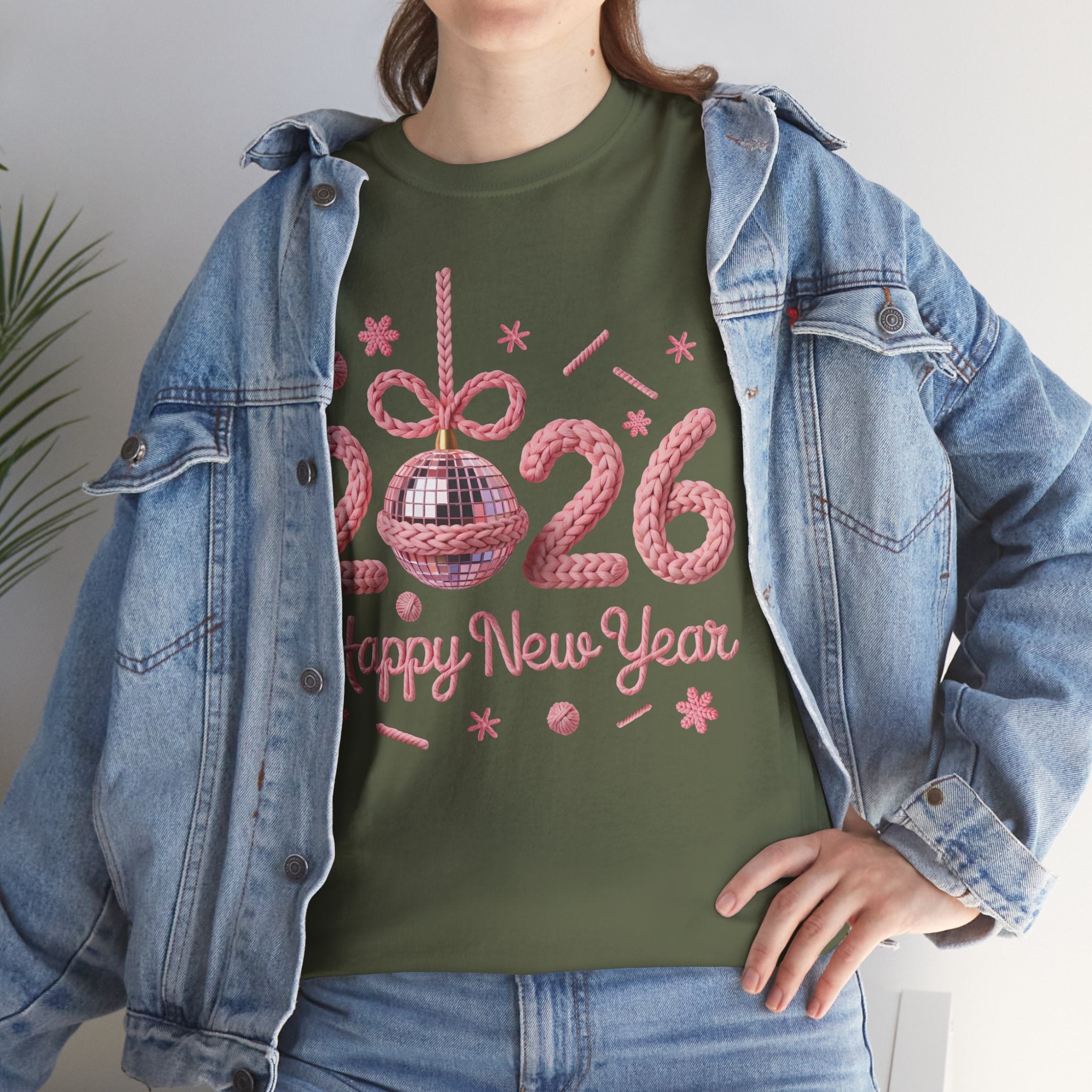 2026 Happy New Year Pink Knitted Disco Ball Unisex Cotton Tee