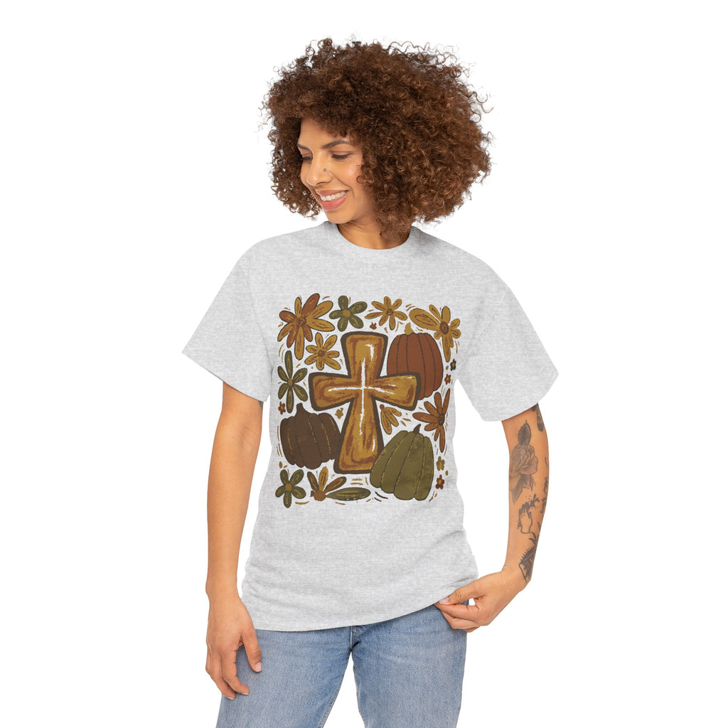Autumn Cross Tee — Rustic Pumpkin & Fall Floral Christian Unisaex Cotton T-Shirt