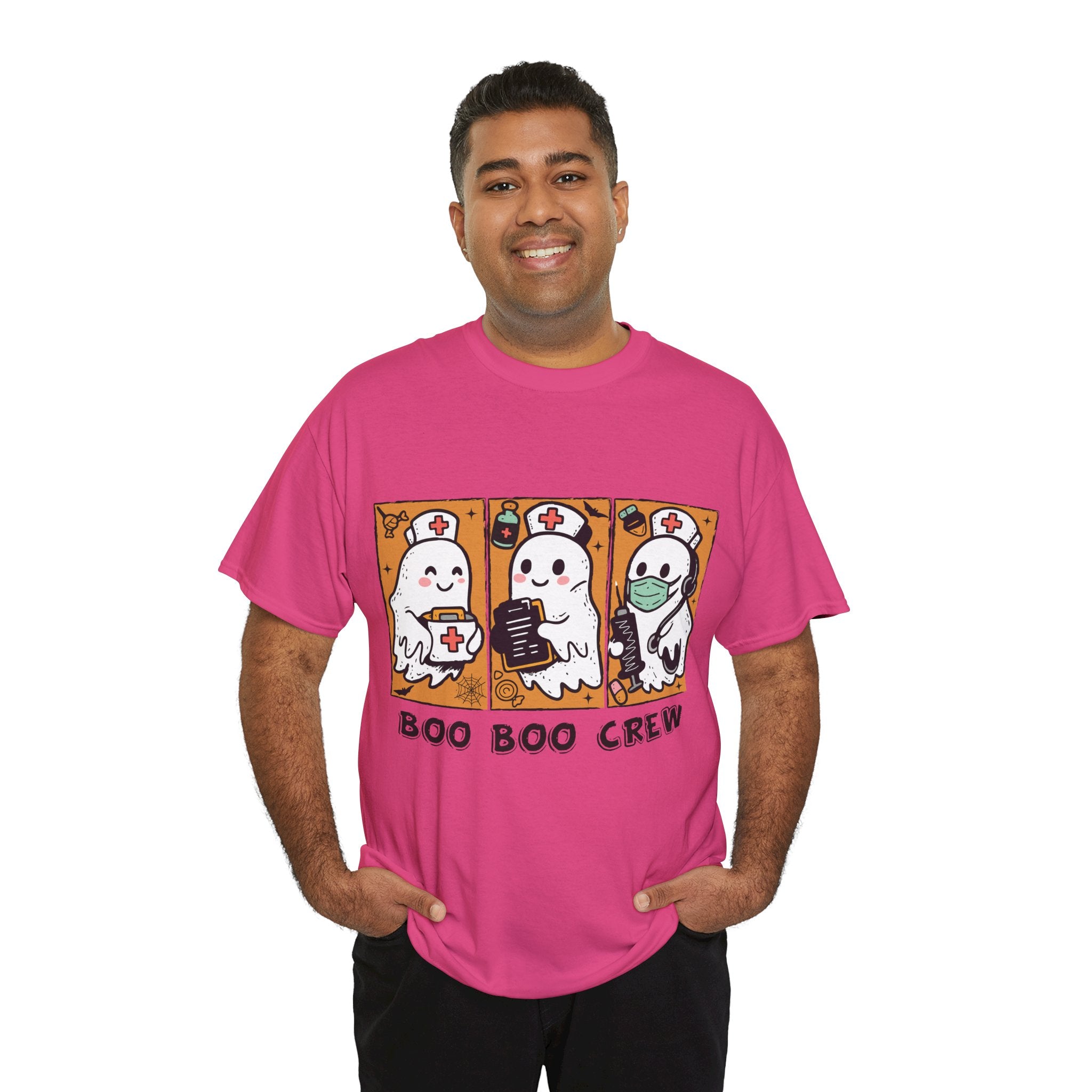Halloween Nurse T-Shirt — Ghost Nurses Holding Medical Tools on Orange Unisec Cotton Tee