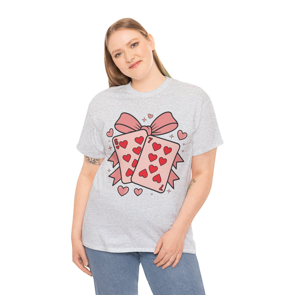 6 & 7 of Hearts T-Shirt — Paired Playing Cards with Pink Bow Unisex Cotton Tee