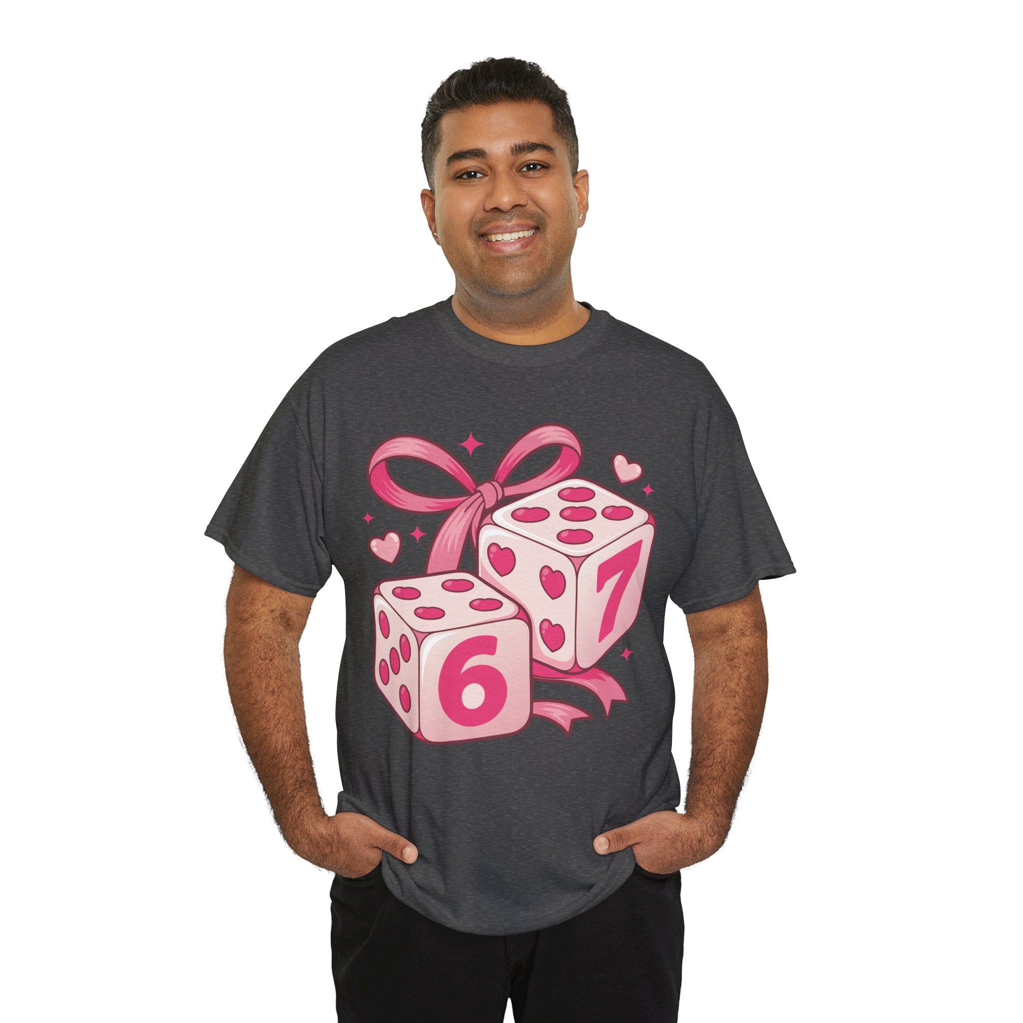 Lucky Love Dice T-Shirt — Pink Heart Dice with Bow..Unisex Cotton Tee
