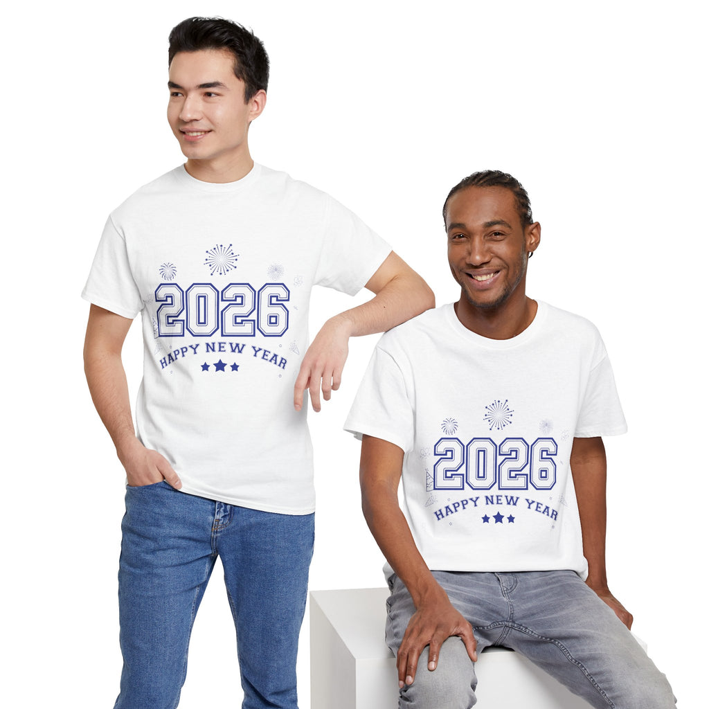 Happy New Year 2026 Varsity Tee — Fireworks & Confetti Celebration Unisex Cotton Tee