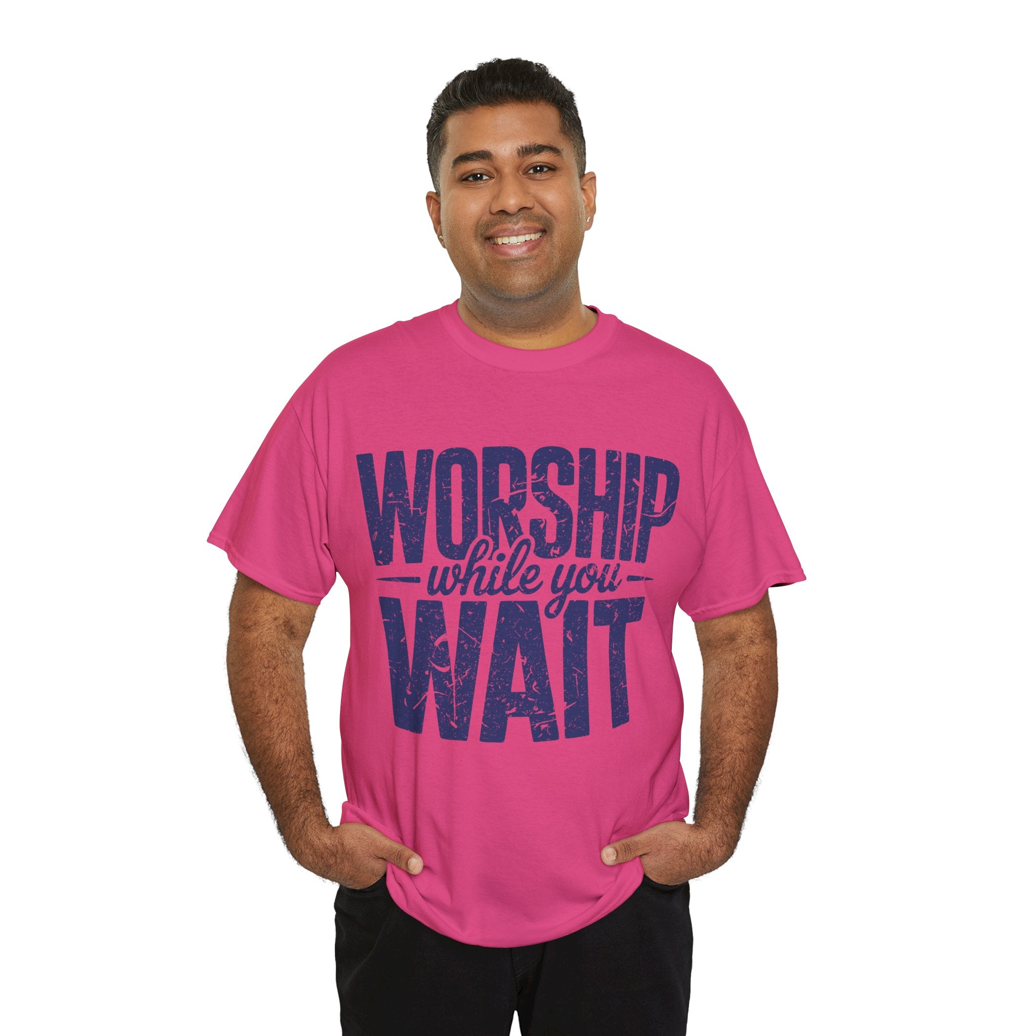 Worship While You Wait T‑Shirt — Distressed Pastel Blue Faith Unisex Cotton Tee