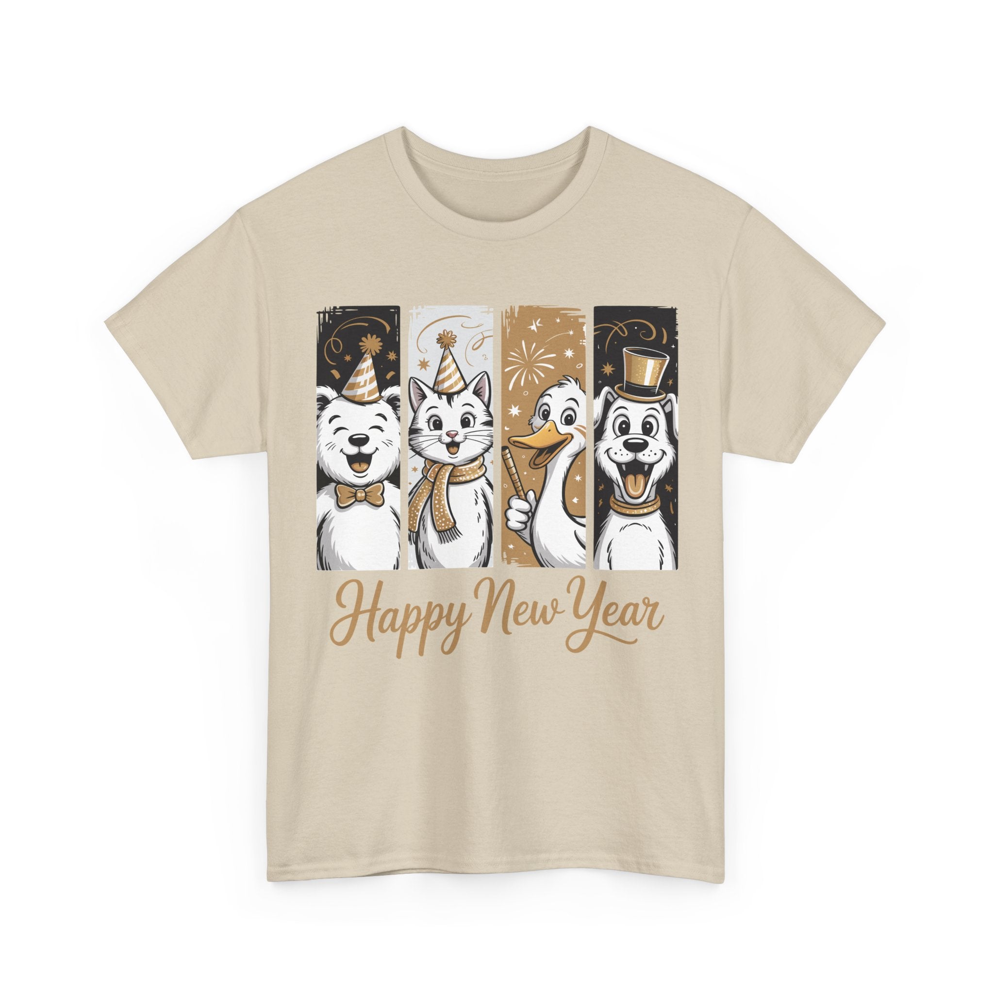 Happy New Year Party Animals T-Shirt — Cute Smiling Animals in Party Hats & Gold Fireworks..Unisex Cotton Tee