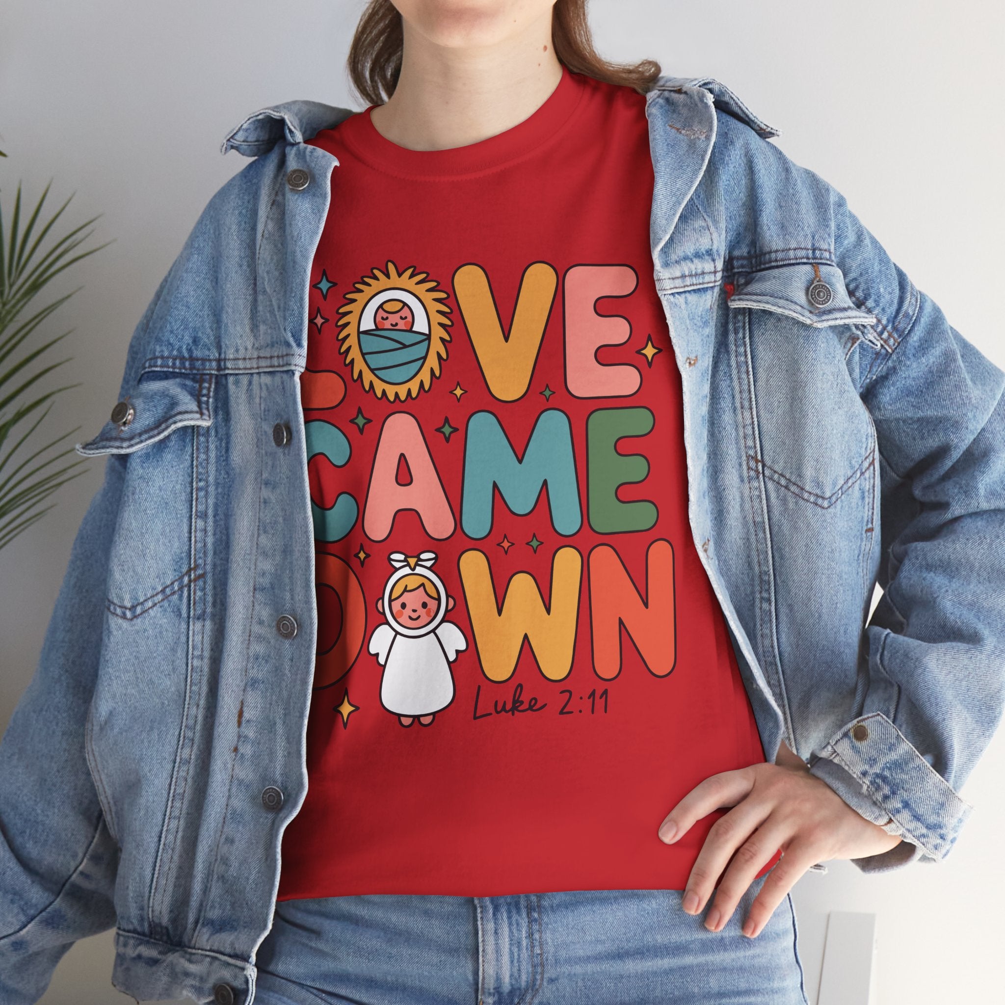 Love Came Down Christmas Tee — Baby Jesus Manger Angel (Luke 2:11)..Unisex Cotton Tee