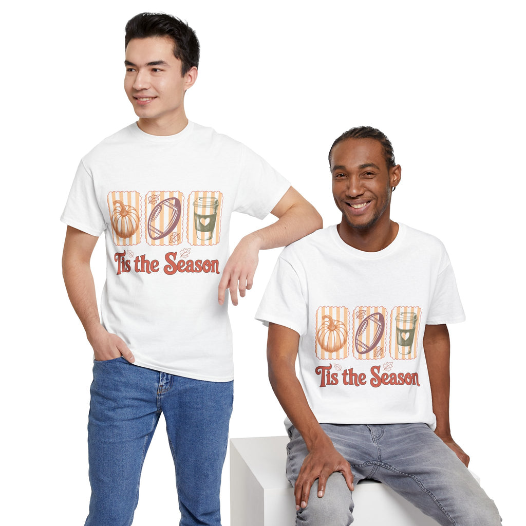 Tis the Season Pumpkin, Football & Coffee Fall Unisex Cotton T-Shirt