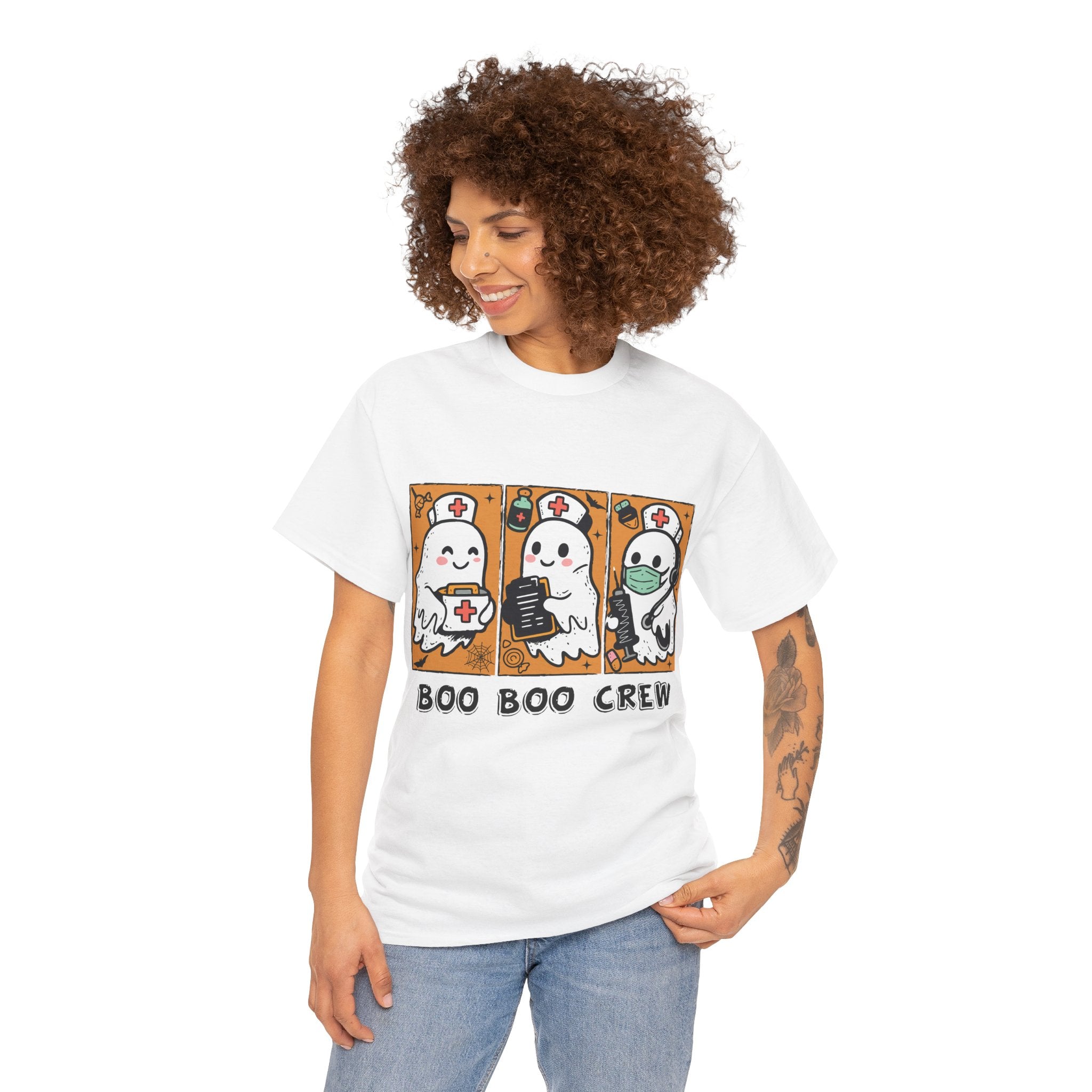Halloween Nurse T-Shirt — Ghost Nurses Holding Medical Tools on Orange Unisec Cotton Tee