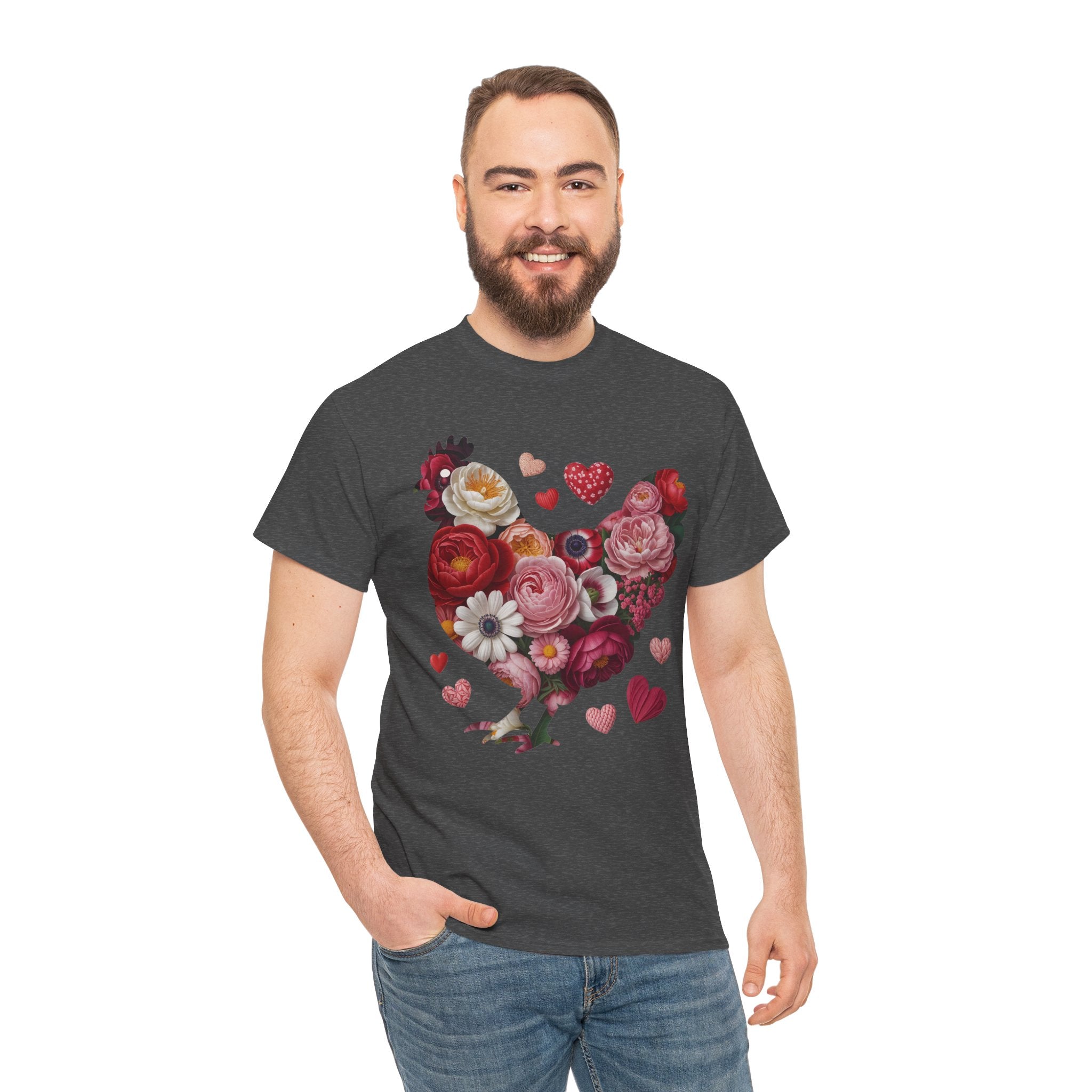 Floral Chicken Heart Tee — Red & Pink Flower Silhouette Unisex Cotton Tee