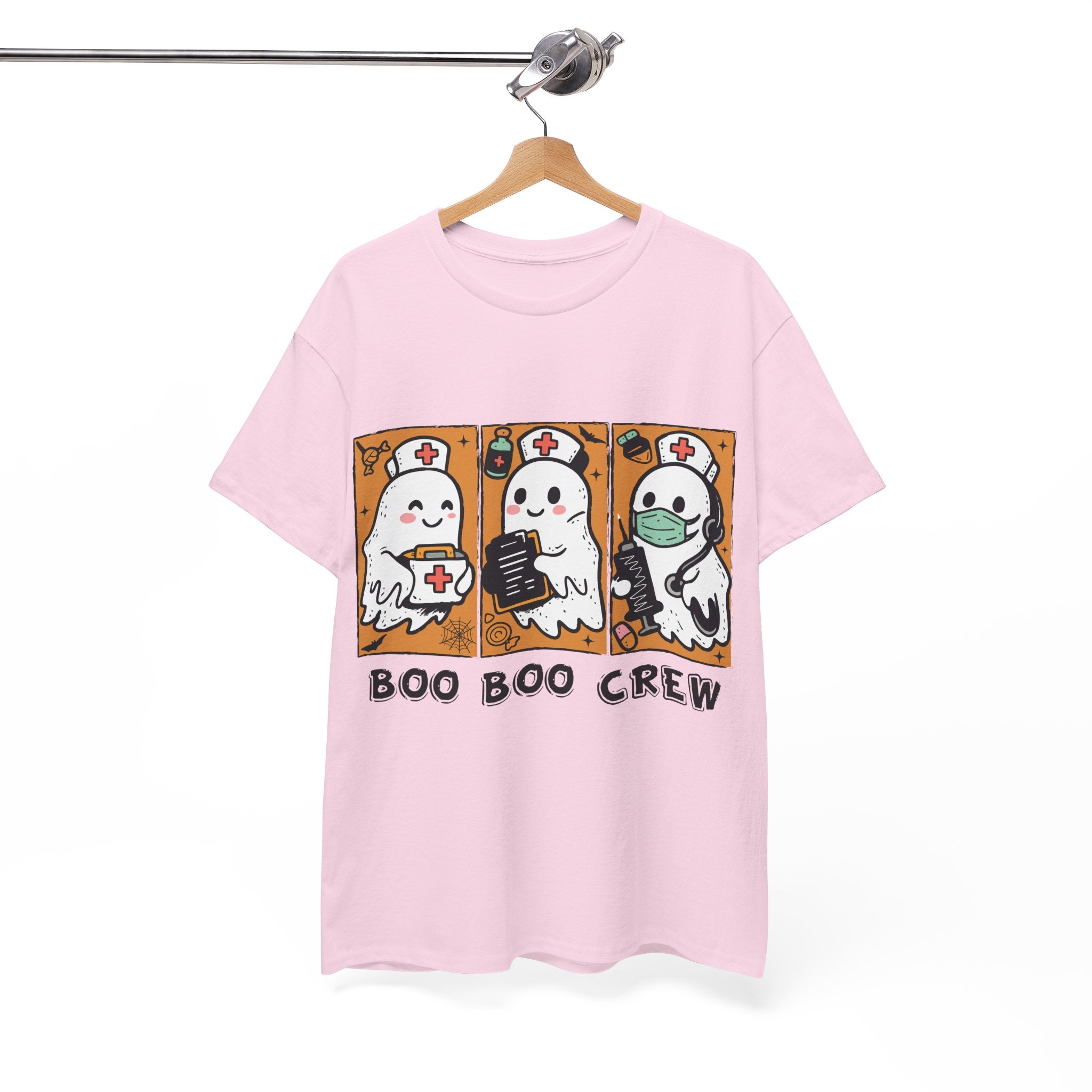 Halloween Nurse T-Shirt — Ghost Nurses Holding Medical Tools on Orange Unisec Cotton Tee