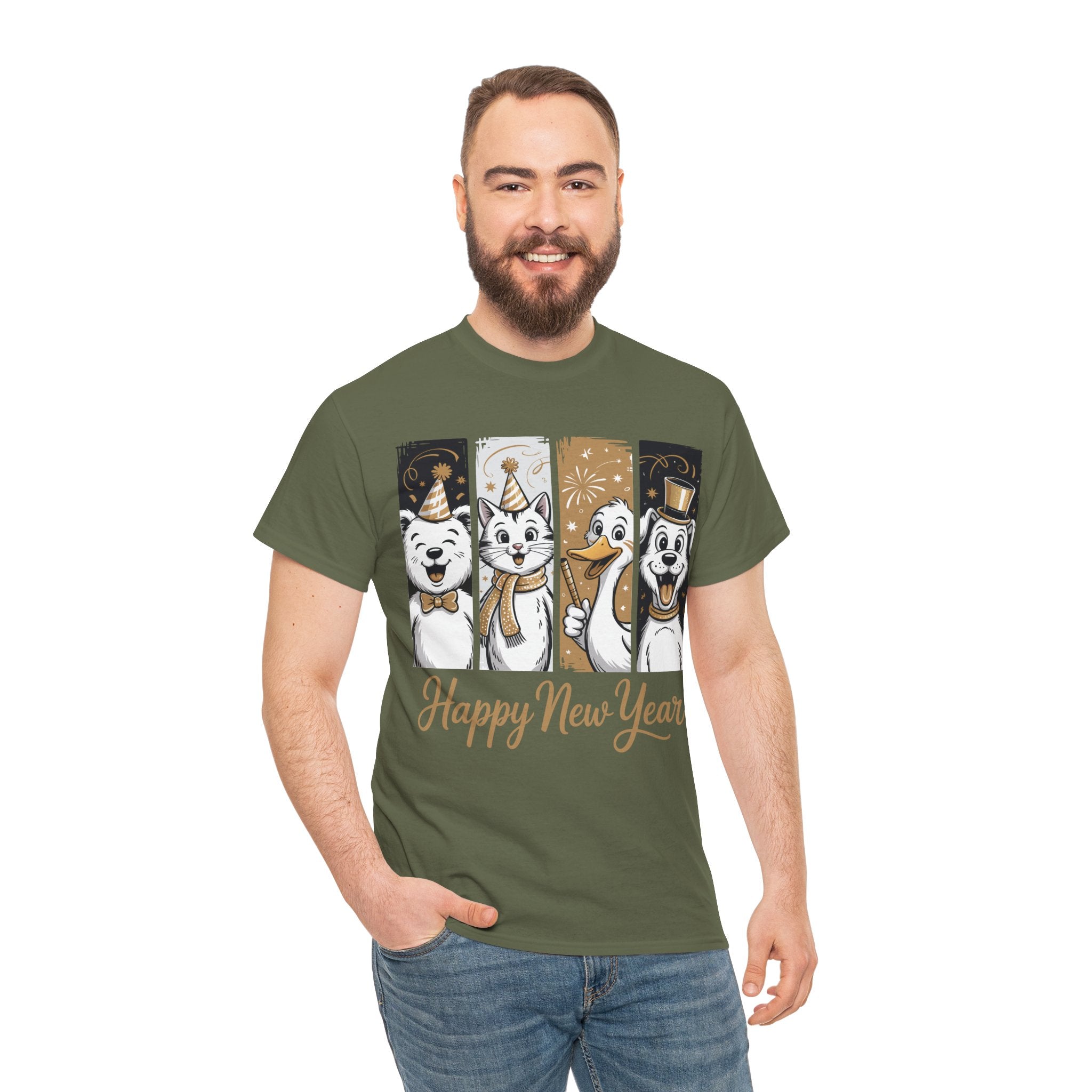 Happy New Year Party Animals T-Shirt — Cute Smiling Animals in Party Hats & Gold Fireworks..Unisex Cotton Tee