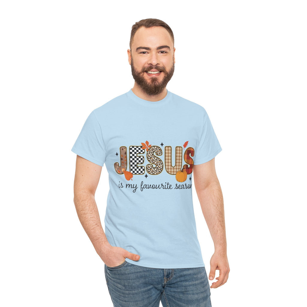Jesus Is My Favorite Season Tee — Autumn Plaid & Leopard Lettering Unisex Cotton Tee