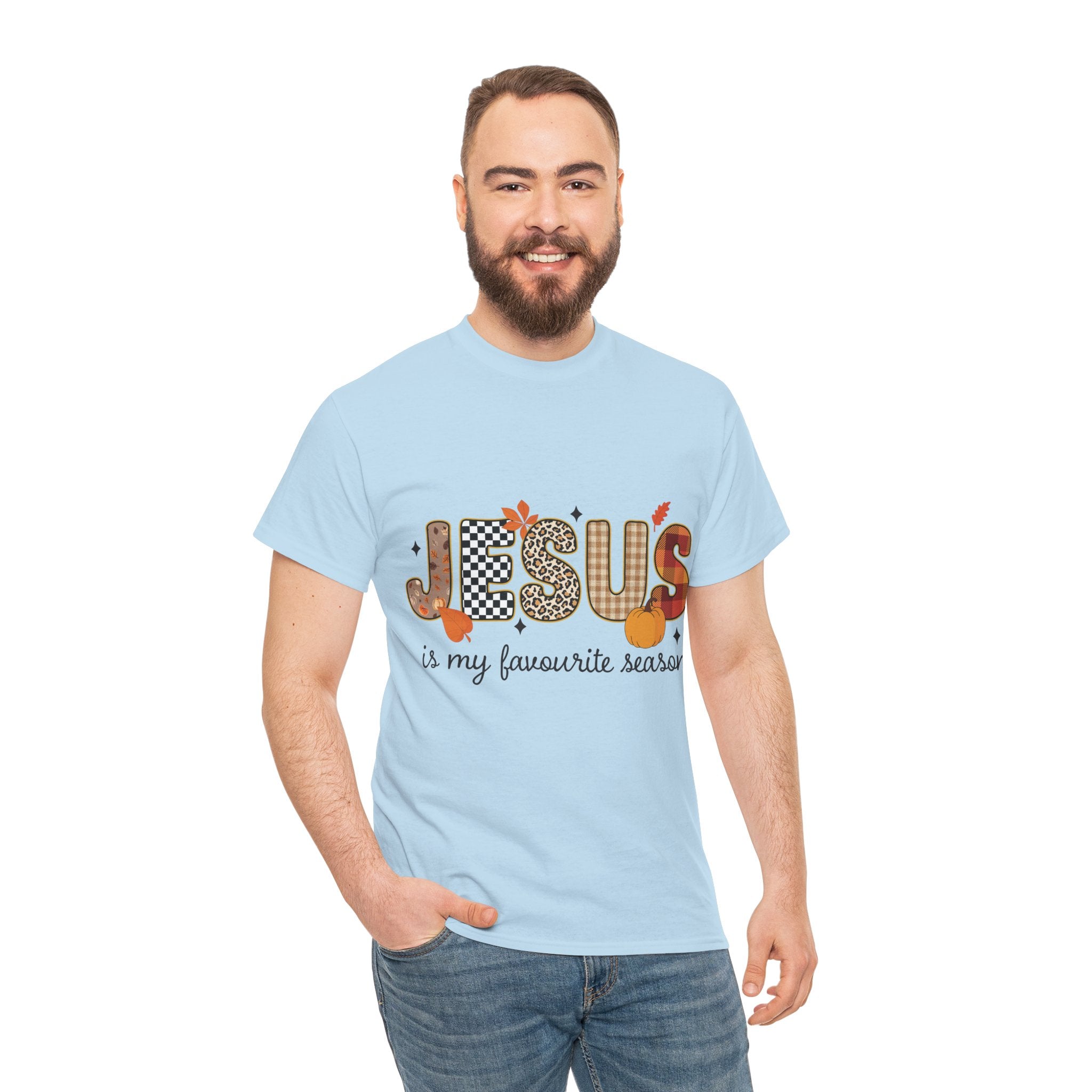 Jesus Is My Favorite Season Tee — Autumn Plaid & Leopard Lettering Unisex Cotton Tee