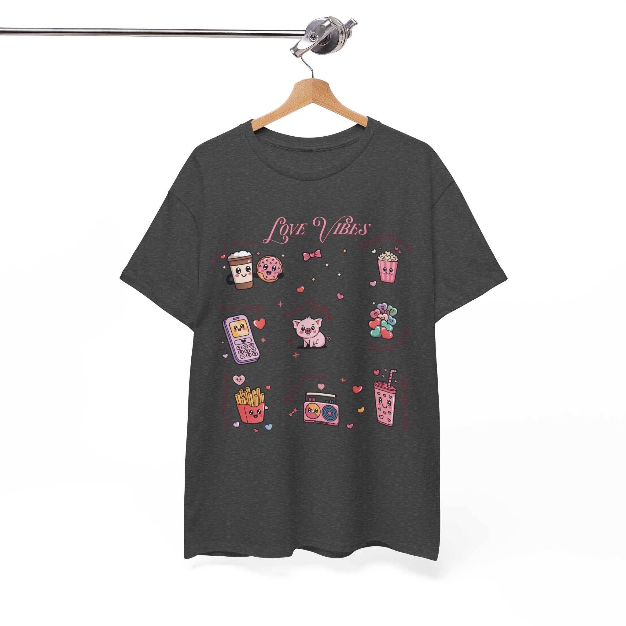 Love Vibes Kawaii Valentine T-Shirt — Cute Donut, Coffee & Piglet Design Unisex Cotton Tee