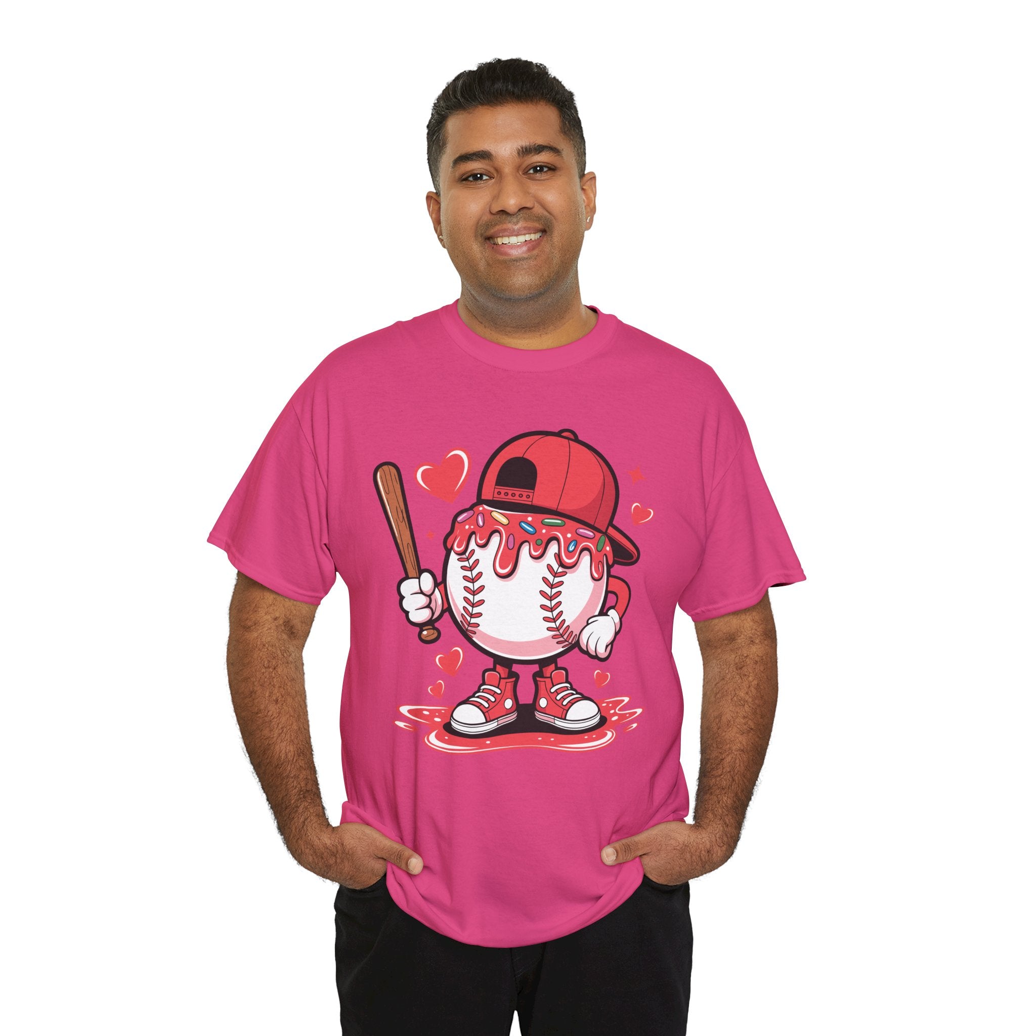 Cute Baseball Character T-Shirt — Red Cap & Icing Top Graphic with Hearts Unisex Cotton Tee