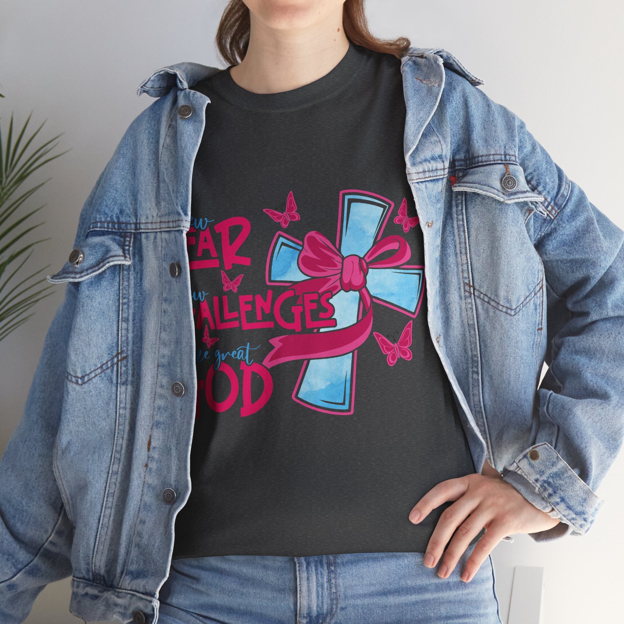 Christian T-Shirt — “New Year, New Challenges, Same Great God” with Pink Bow Cross & Butterflies. Unisex Cotton Tee