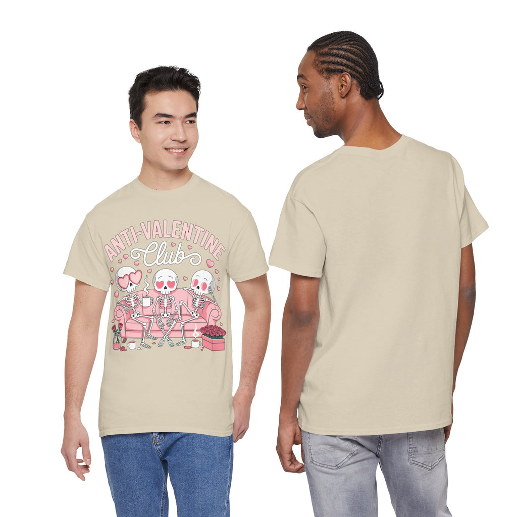Anti-Valentine Club Skeleton Tee — Anti-Romance Pink Couch Graphic Unisex Cotton T-Shirt