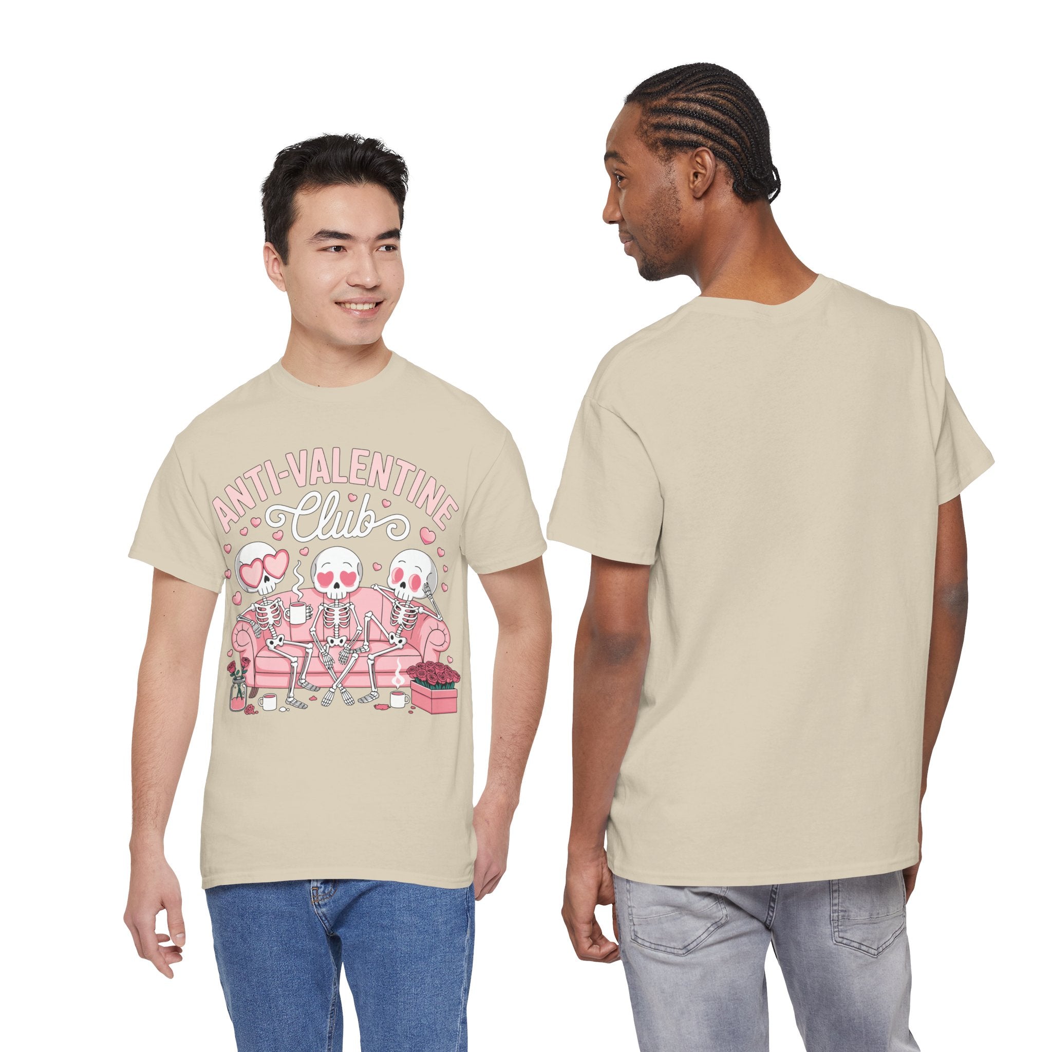 Anti-Valentine Club Skeleton Tee — Anti-Romance Pink Couch Graphic Unisex Cotton T-Shirt