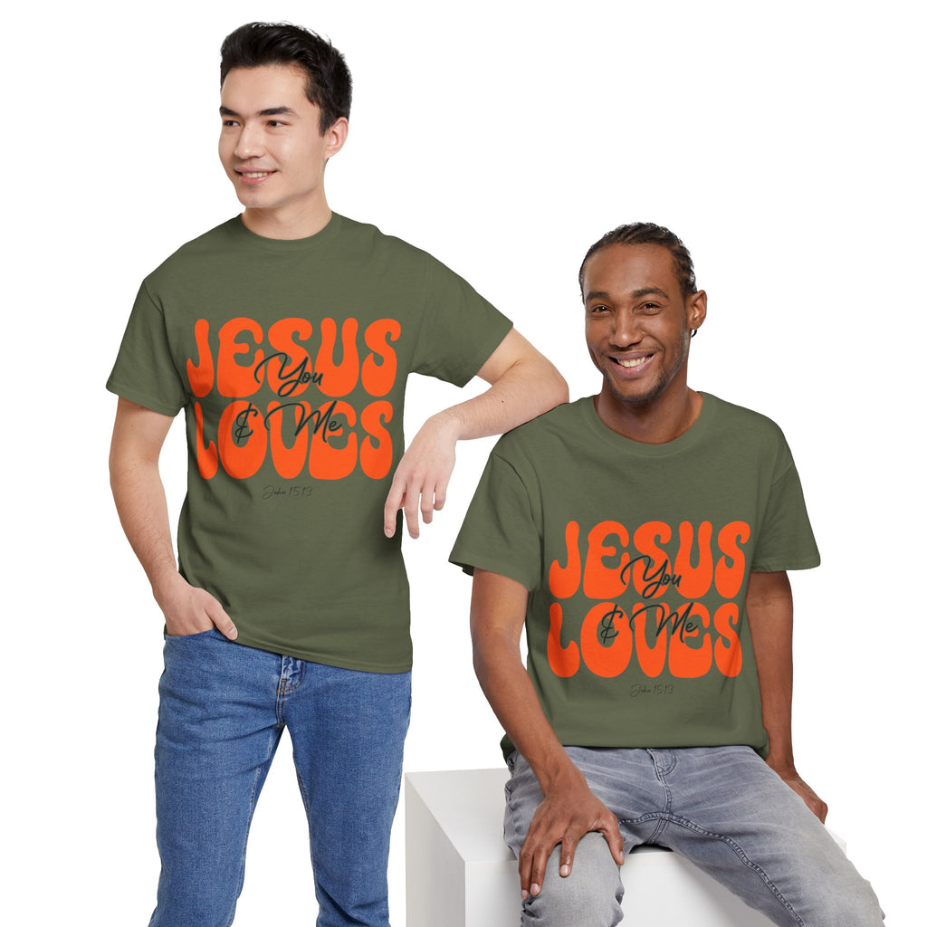 Jesus Loves You & Me Retro Tee — Playful Orange Bubbly Christian Unisex Cotton T-Shirt