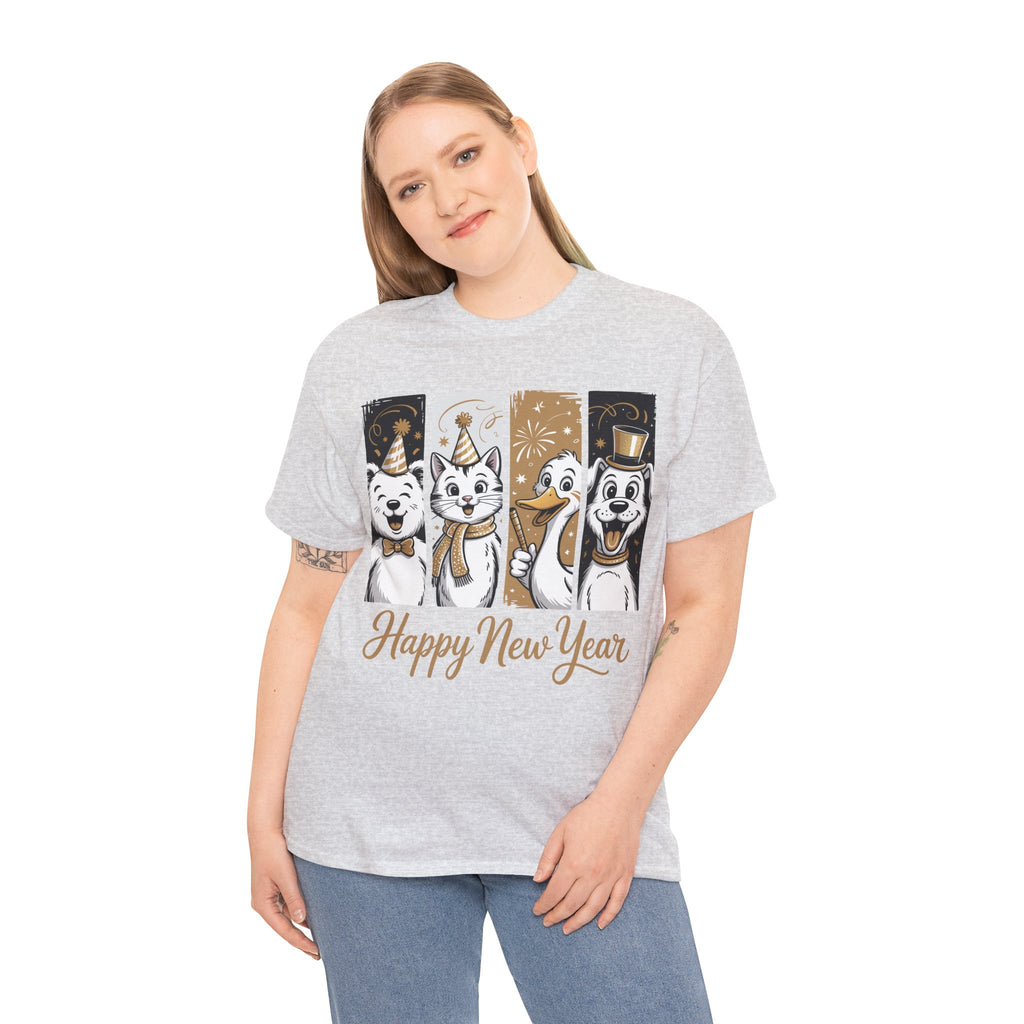 Happy New Year Party Animals T-Shirt — Cute Smiling Animals in Party Hats & Gold Fireworks..Unisex Cotton Tee