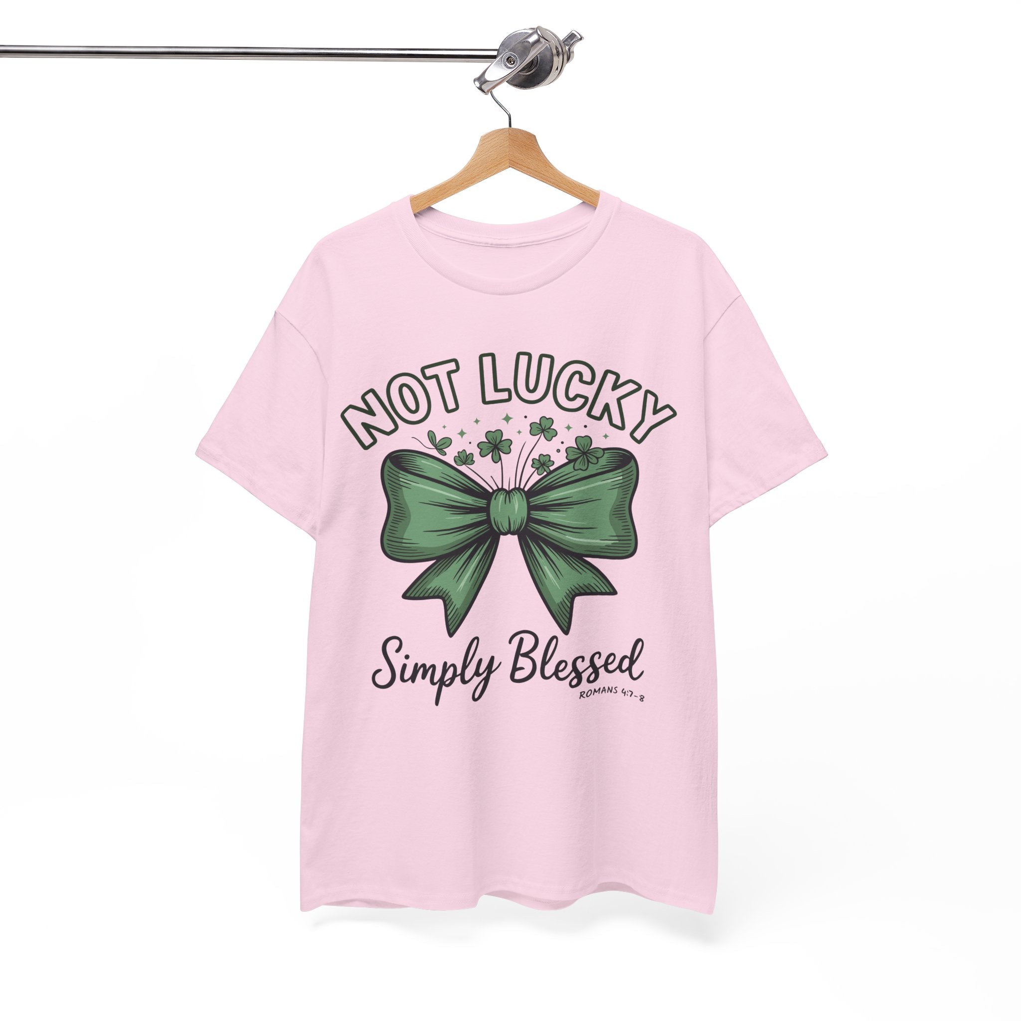 Not Lucky, Simply Blessed T-Shirt — Green Bow & Clovers St. Patrick’s Unisex Cotton Tee