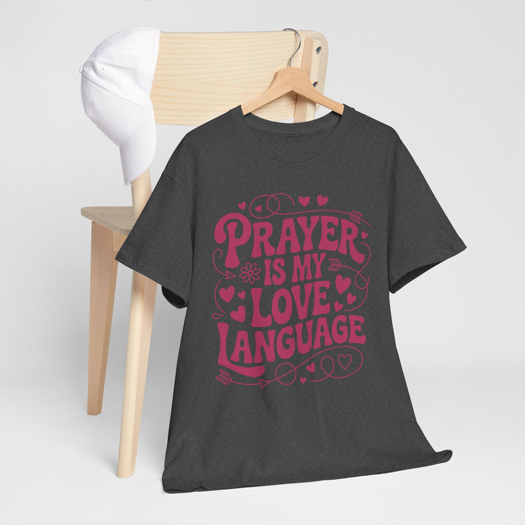 Prayer Is My Love Language Christian Tee — Pastel Pink Hearts Unisex Cotton Tee