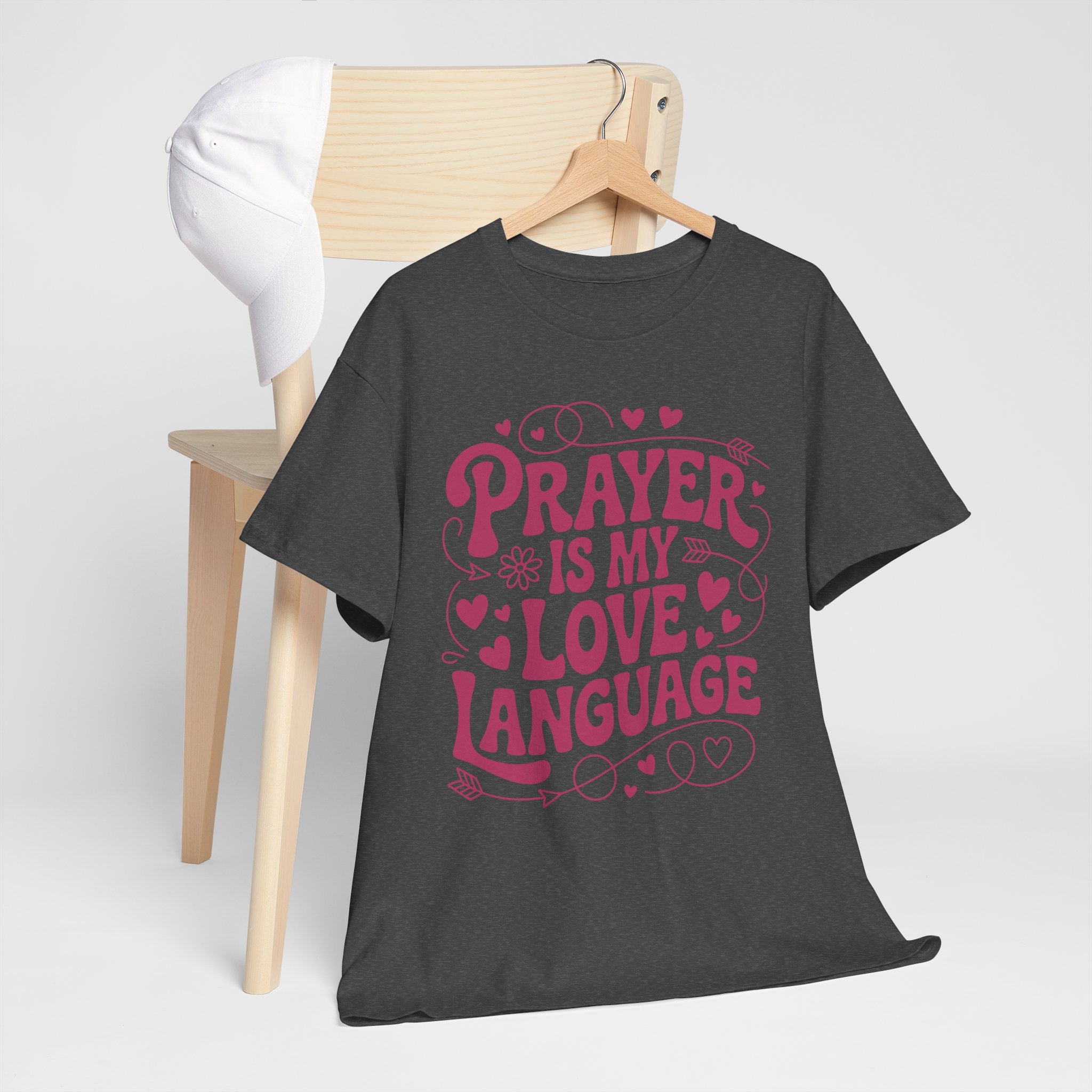 Prayer Is My Love Language Christian Tee — Pastel Pink Hearts Unisex Cotton Tee
