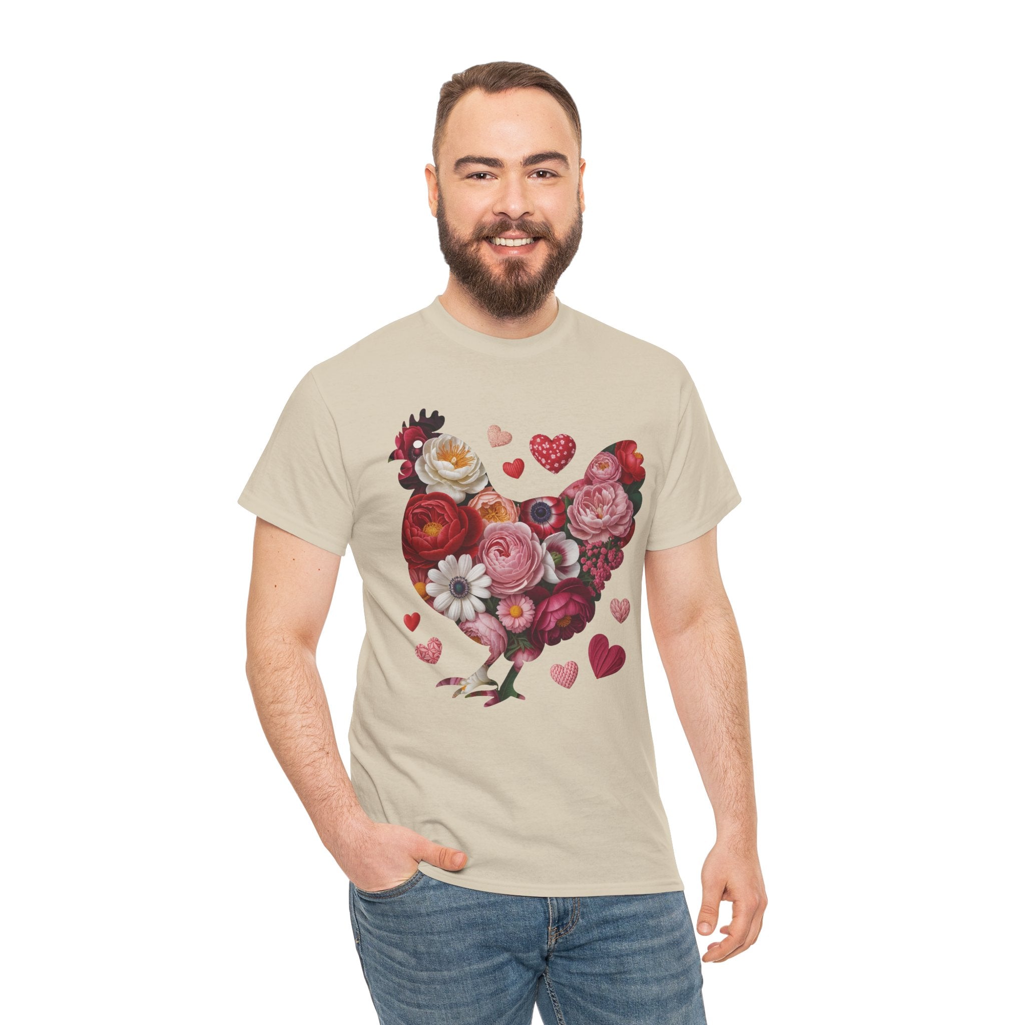 Floral Chicken Heart Tee — Red & Pink Flower Silhouette Unisex Cotton Tee
