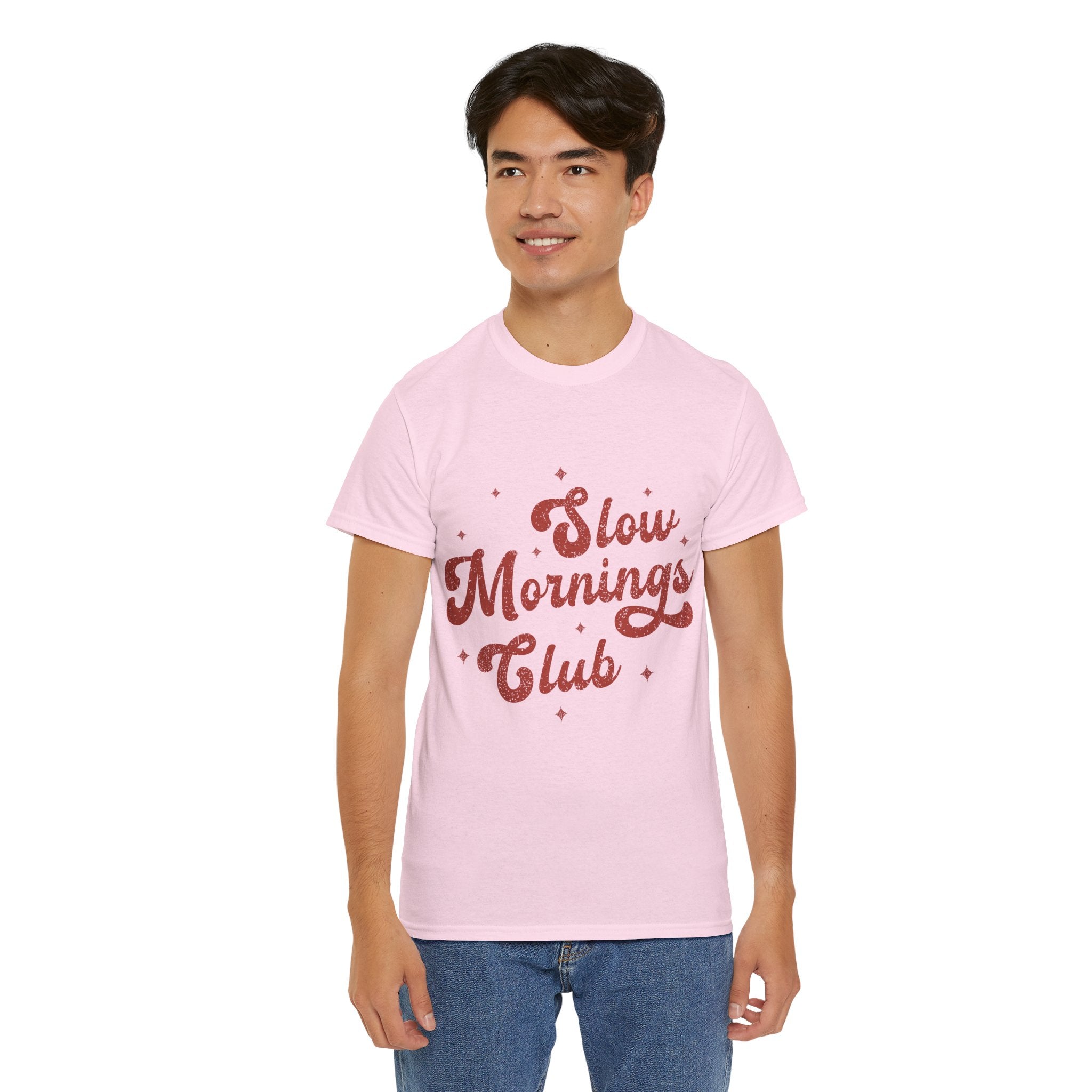 Slow Mornings Club T-Shirt — Retro Red Sparkle Unisex Cotton Tee