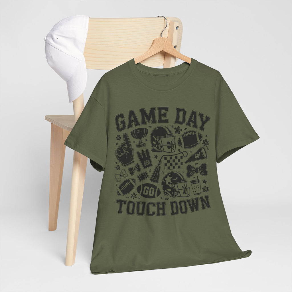 Game Day Touch Down Football T‑Shirt — Helmet & Cheer Monochrome Design Unisex Cotton Tee
